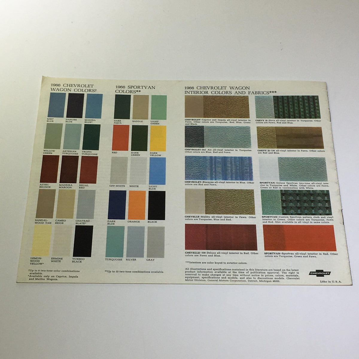 Color swatches and fabric options for the 1966 Chevrolet Wagon-Going Caprice 4-Door 2-Seat Wagon, showcasing various colors and materials available.