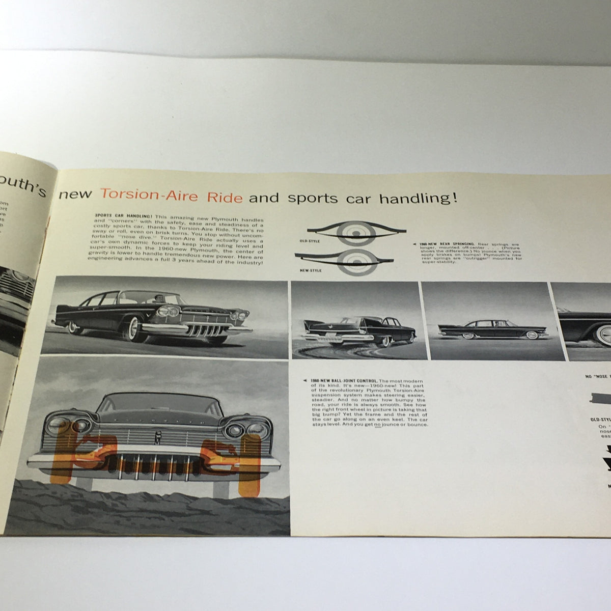 Page from the 1960 Plymouth Torsion-Aire Ride brochure showcasing the innovative suspension technology and car handling.