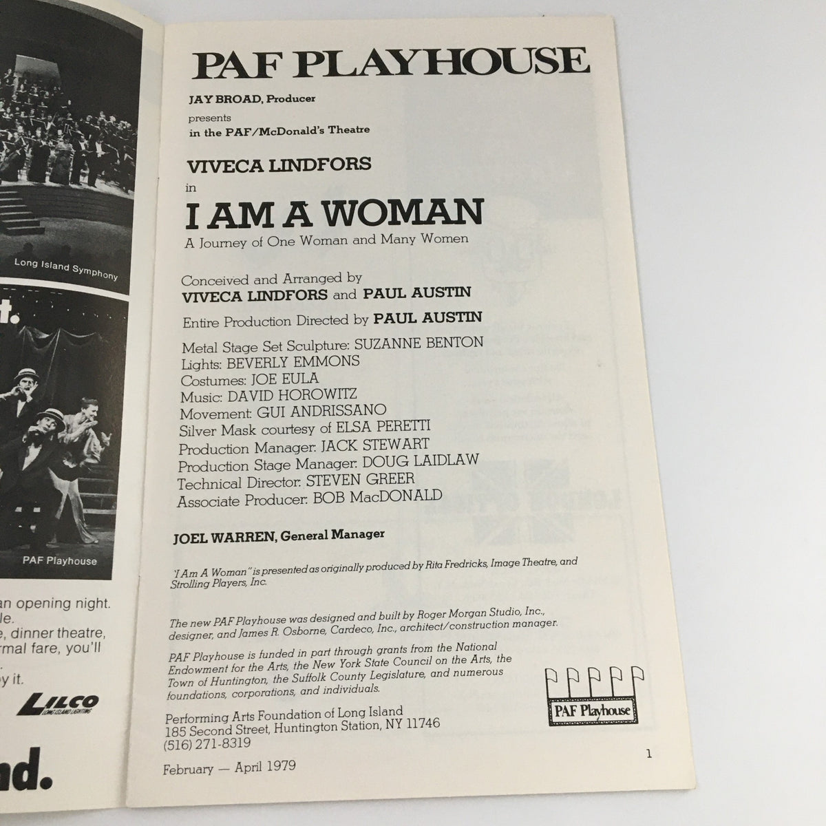 Inside pages of the 1979 PAF Playhouse McDonald's Theatre program for 'I Am A Woman', detailing credits and production information.