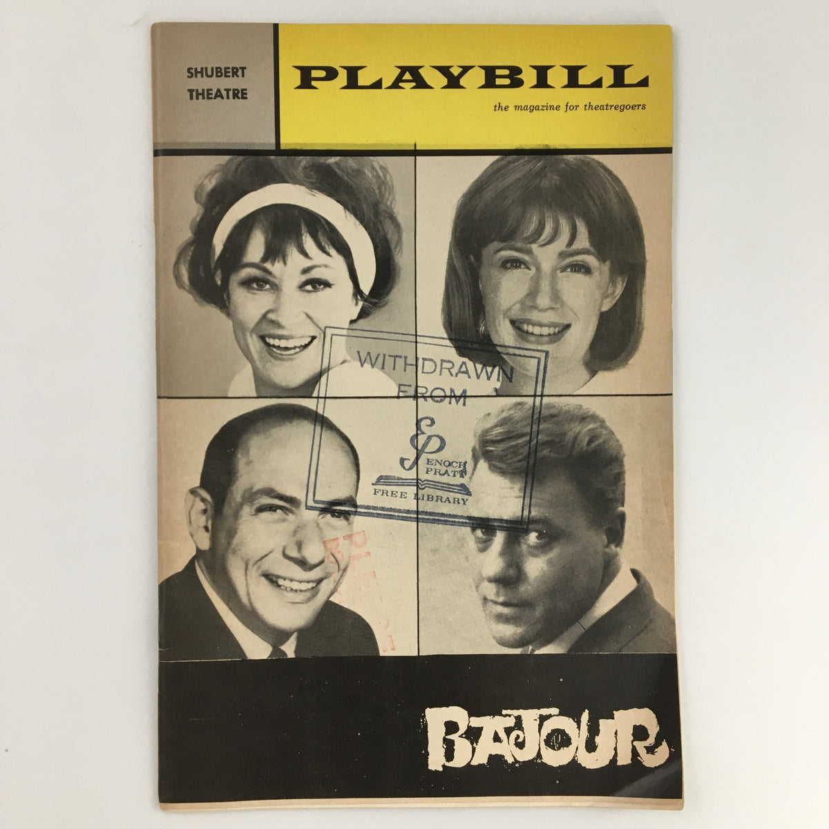 1964 Playbill for the Bajour musical at Shubert Theatre featuring cast members and a library stamp. Collectible Broadway memorabilia.