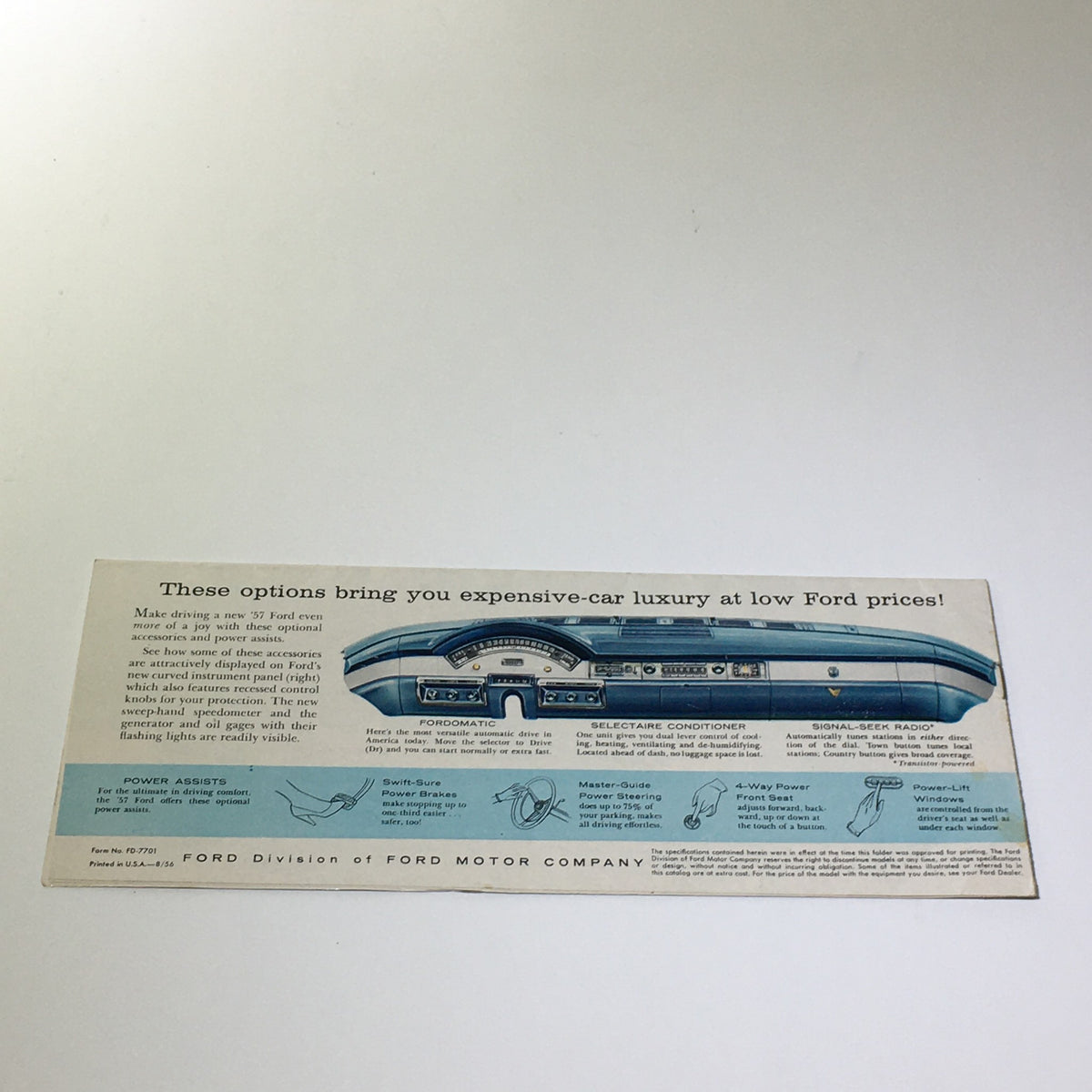 Interior layout showcasing power steering options in the 1957 Ford Touch of Tomorrow Master-Guide Power Steering Car Catalog Brochure.