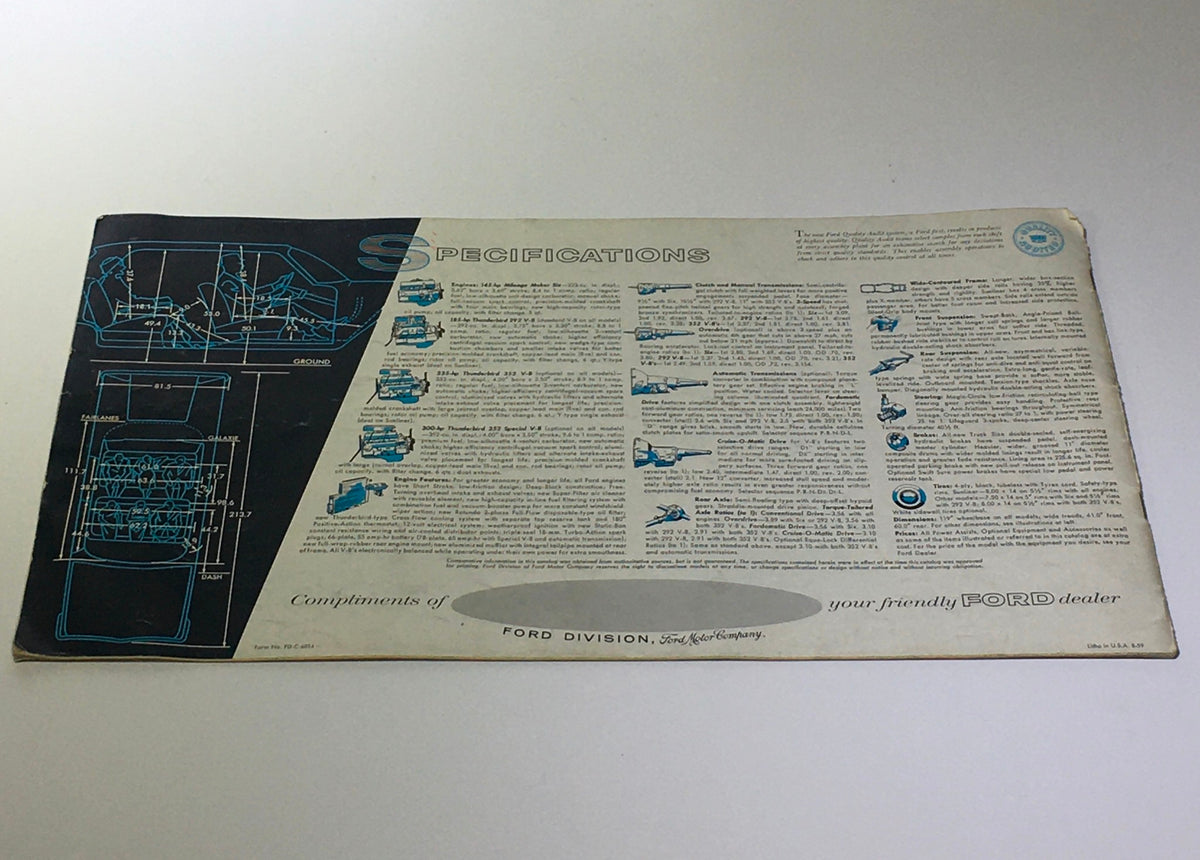 Specifications page from the 1960 Ford Galaxies-Fairlanes-Starliner-Sunliner V-8 Engine Car Catalog Brochure, highlighting technical details and features of the Ford models.