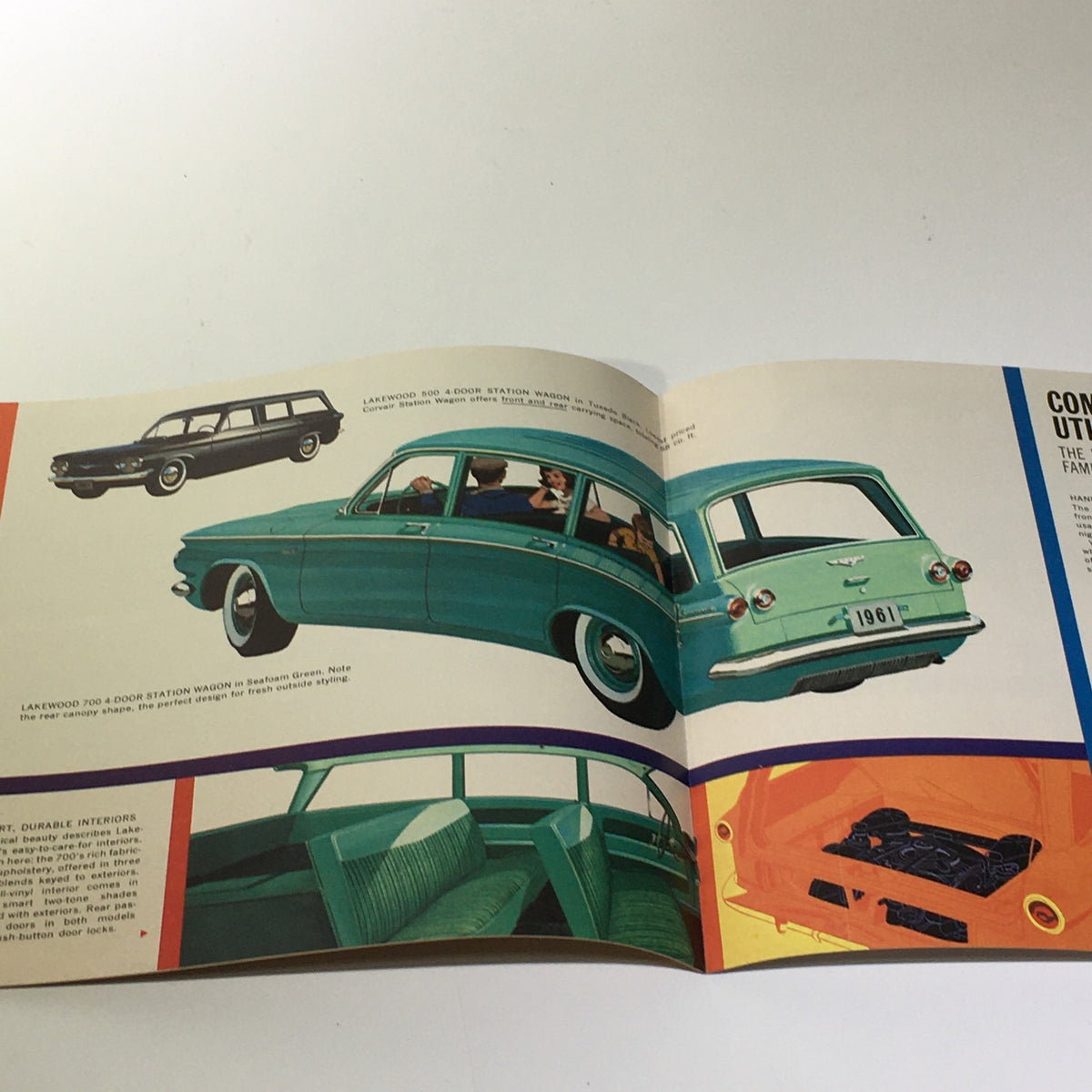 Interior view of the 1961 Chevy Corvair 4 New Wagons Lakewood 700, showcasing seating and features in a colorful brochure.