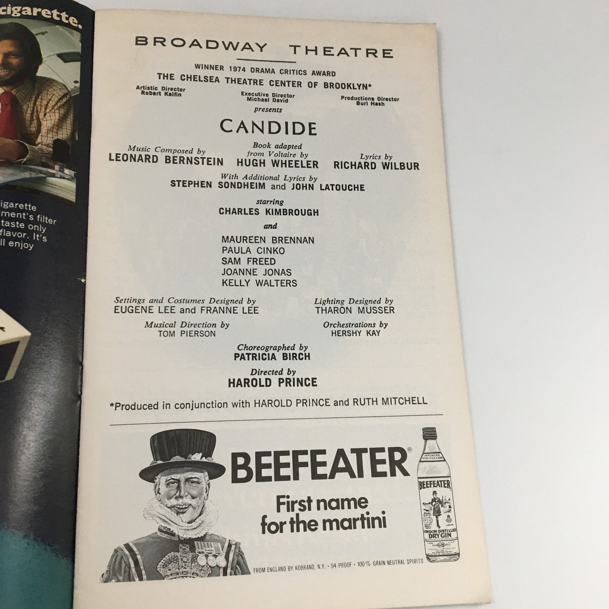 Back page of the 1975 Playbill for The Broadway Theatre 'Candide', detailing the production credits and acknowledgments.
