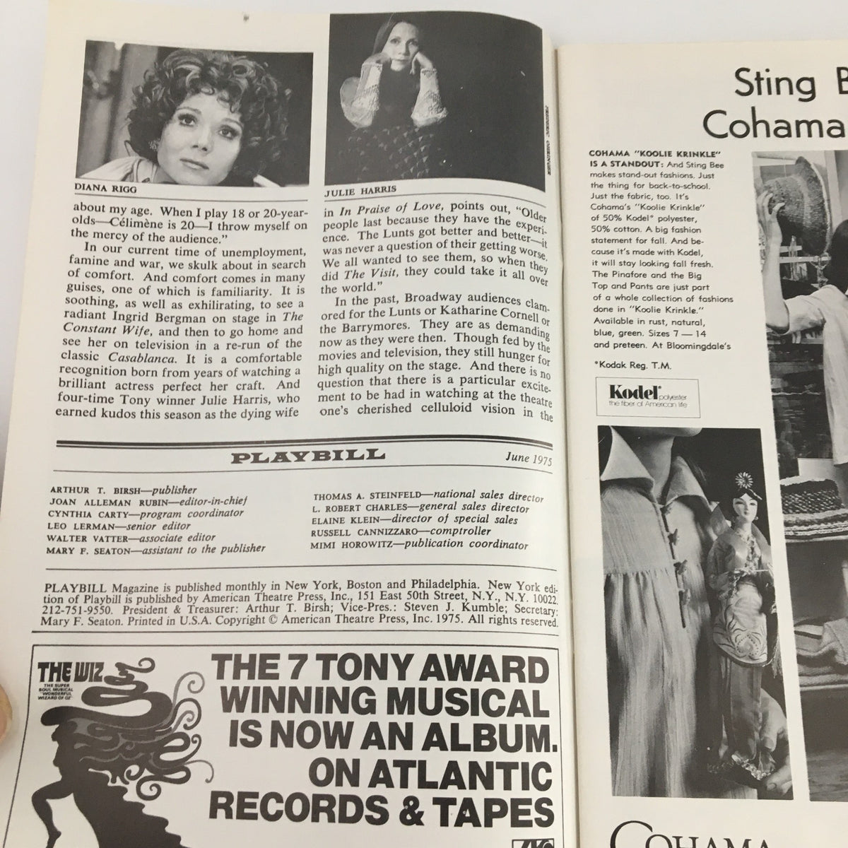 Inside page of the 1975 Playbill showcasing Diana Rigg and Julie Harris, highlighting their contributions to theater.