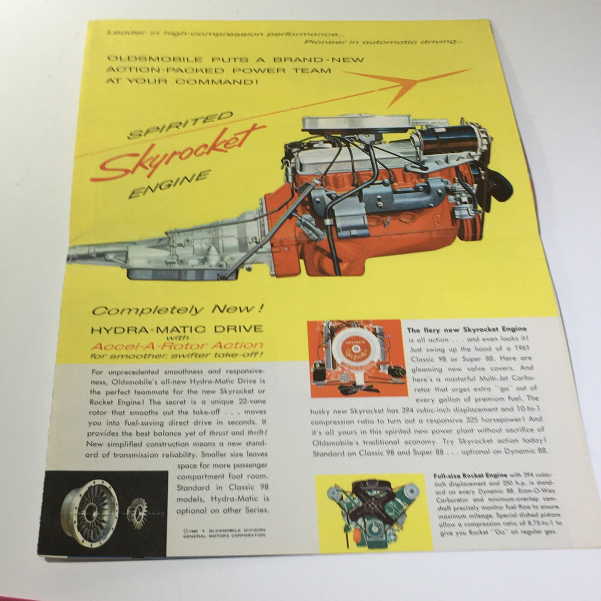 Interior page of the 1961 Oldsmobile Spirited Skyrocket Engine Hydra-Matic Drive Car Catalog Brochure highlighting the Spirited Skyrocket Engine and hydra-matic drive features.