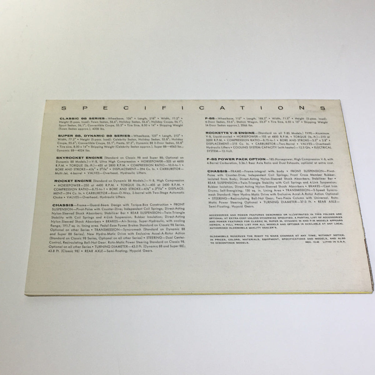 Specifications page of the 1961 Oldsmobile Spirited Skyrocket Engine Hydra-Matic Drive Car Catalog Brochure detailing the technical aspects of the vehicle.