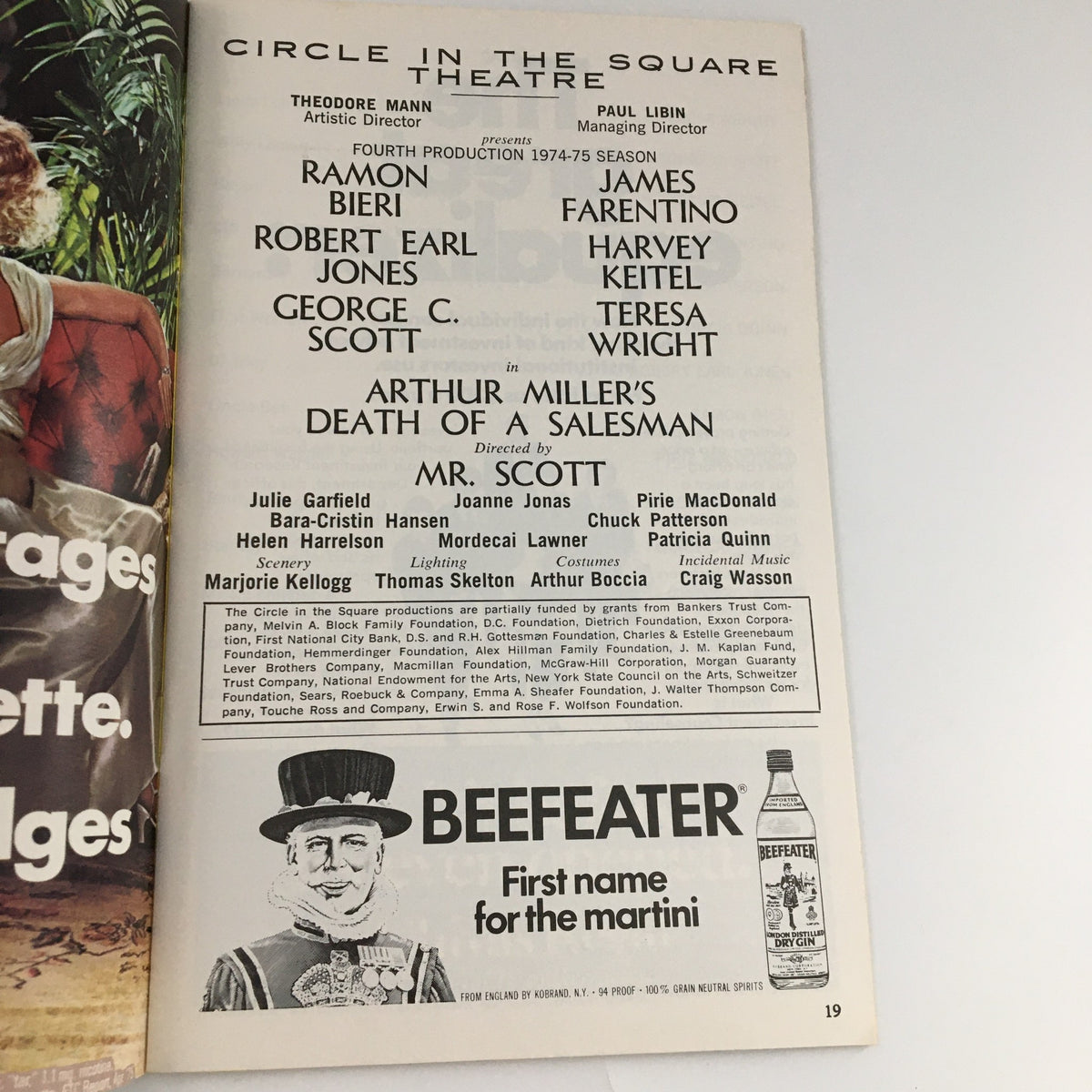 Page 19 of the 1975 Playbill listing the cast of 'Death of a Salesman' by Arthur Miller performed at Circle In The Square Theatre.
