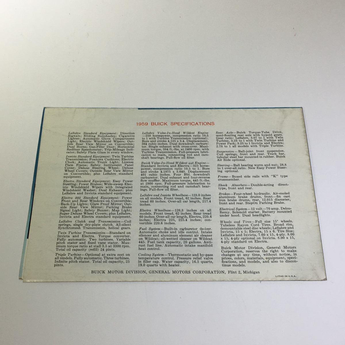 Back cover of the 1959 Buick LeSabre Standard Twin Turbine Transmission 24-P Car Catalog Brochure featuring detailed specifications and information.