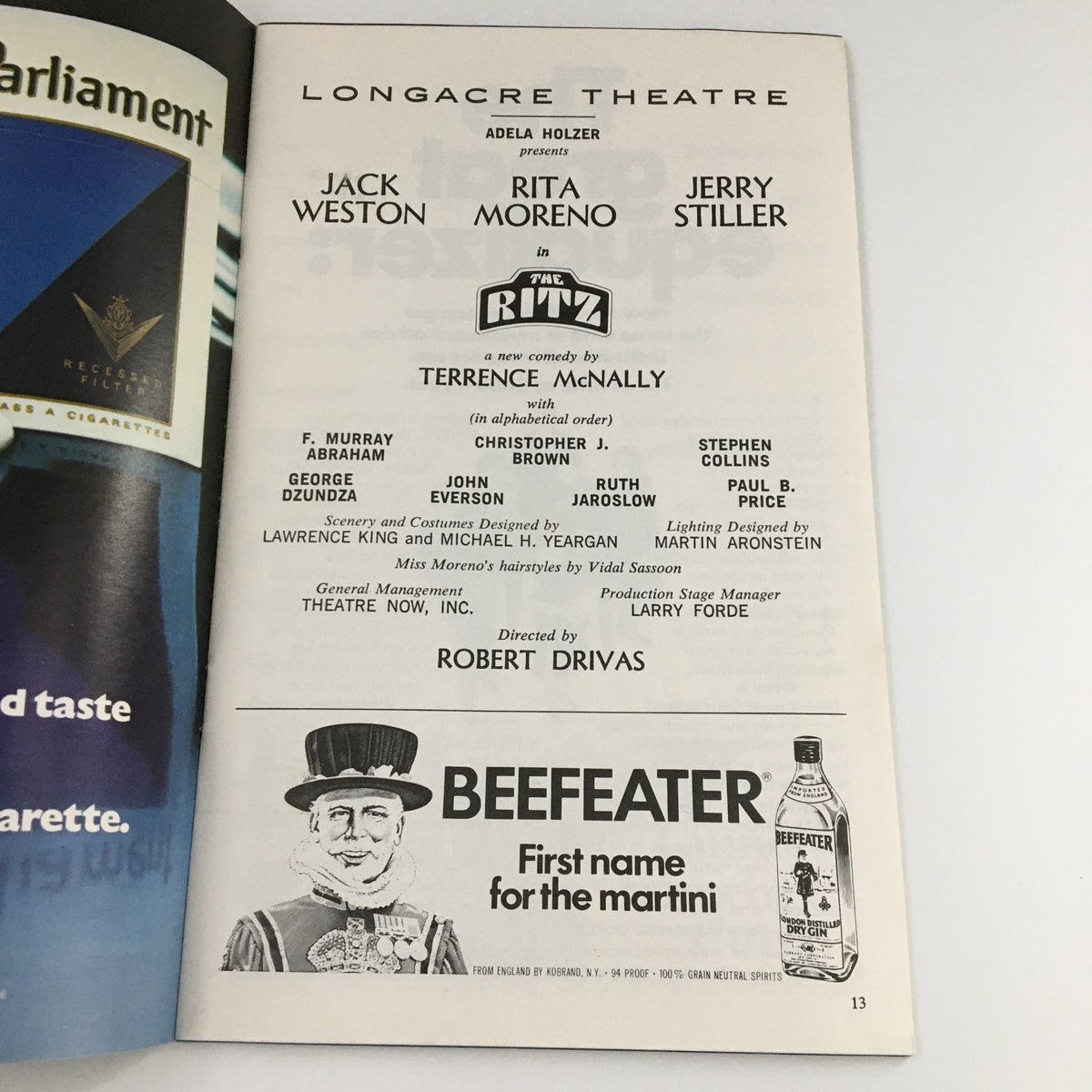 Inside page of the 1975 Playbill for 'The Ritz' showing the cast and production details, including Jack Weston, Rita Moreno, and Jerry Stiller.