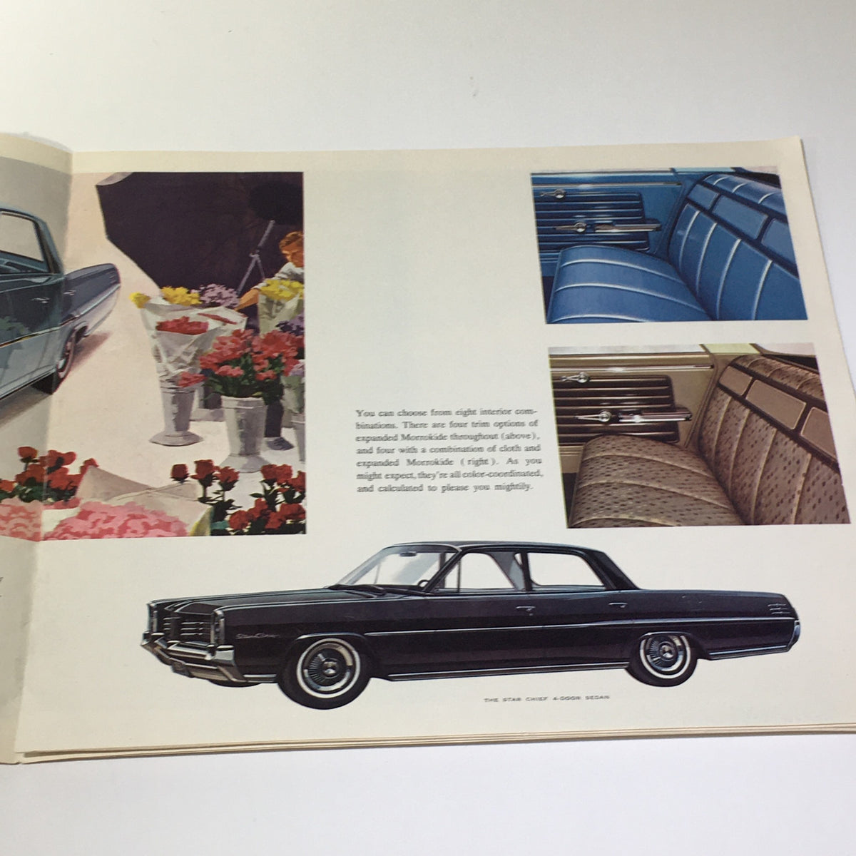 Inside page of the 1964 Success Car Edition: Wide-Track Pontiac Trophy V-8 E Car Catalog Brochure showcasing interior design options with colored seat fabrics and a black Pontiac car illustration.