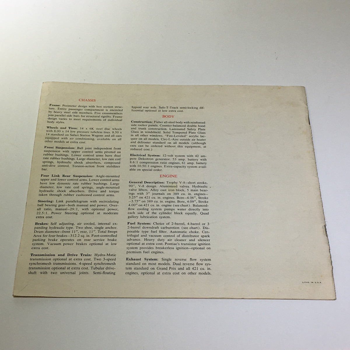 Back page of the 1964 Success Car Edition: Wide-Track Pontiac Trophy V-8 E Car Catalog Brochure displaying technical specifications and features of the Pontiac vehicle.