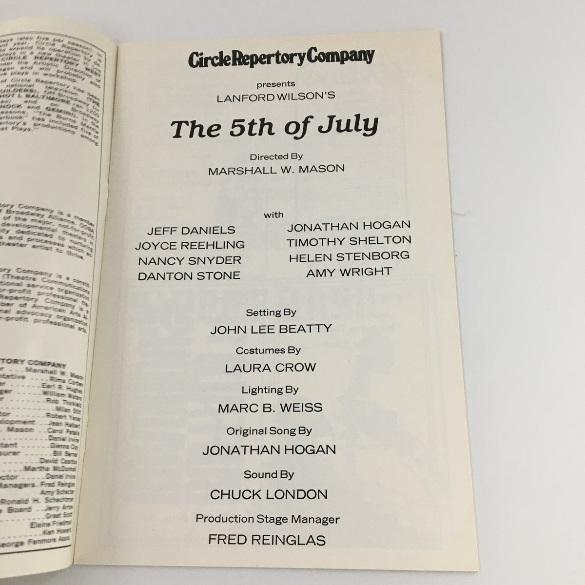 Inside page of the 1978 Circle Repertory Company program for The 5th of July, listing cast and creative team members including Jeff Daniels and Jonathan Hogan.