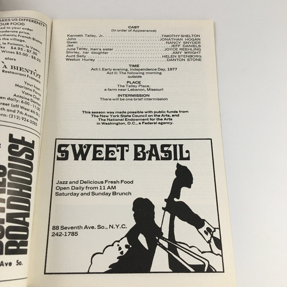 Another inside page of the 1978 Circle Repertory Company program for The 5th of July, containing cast roles and a reference to Sweet Basil restaurant.