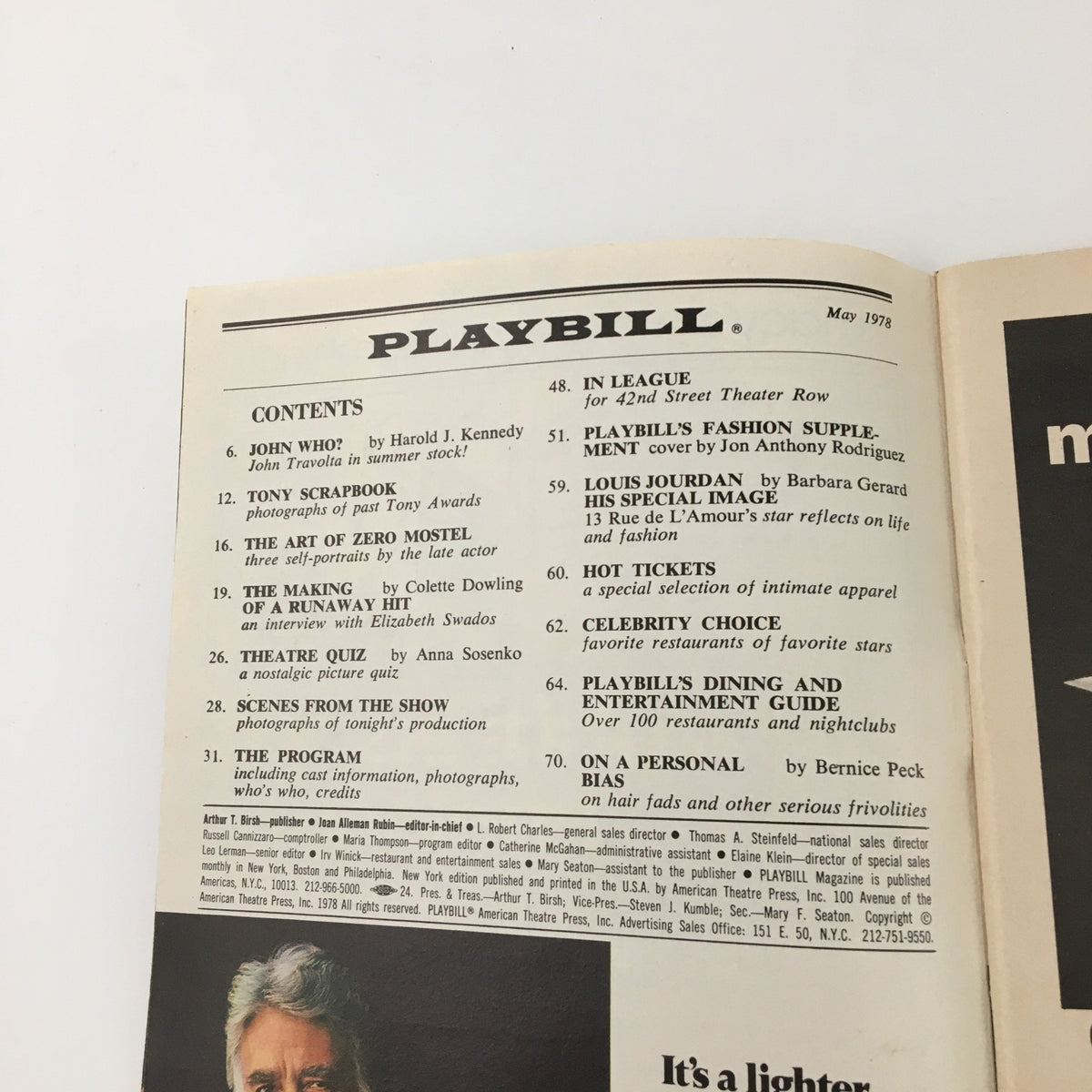 Interior view of the 1978 Playbill from the 46th Street Theatre, displaying contents including acknowledgments and features related to the production 'Working'.