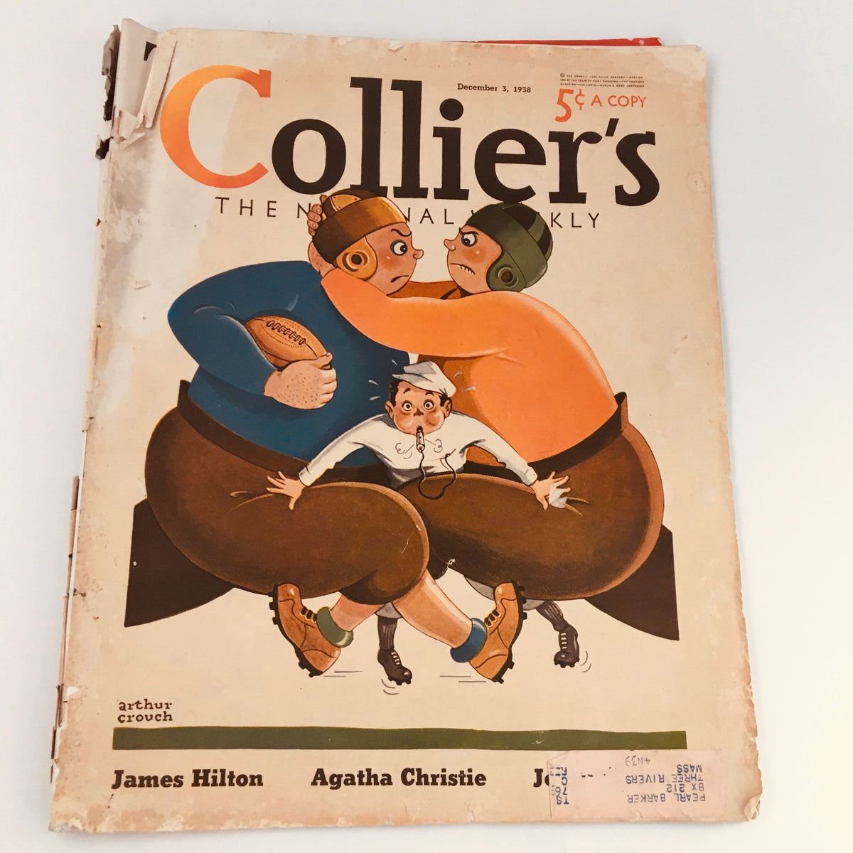 Cover of VTG Collier's Magazine from December 3, 1938 featuring a vintage illustration with characters in a playful wrestling scene, showcasing contributions from James Hilton and Agatha Christie, ideal for collectors of classic literature and early 20th-century publications.