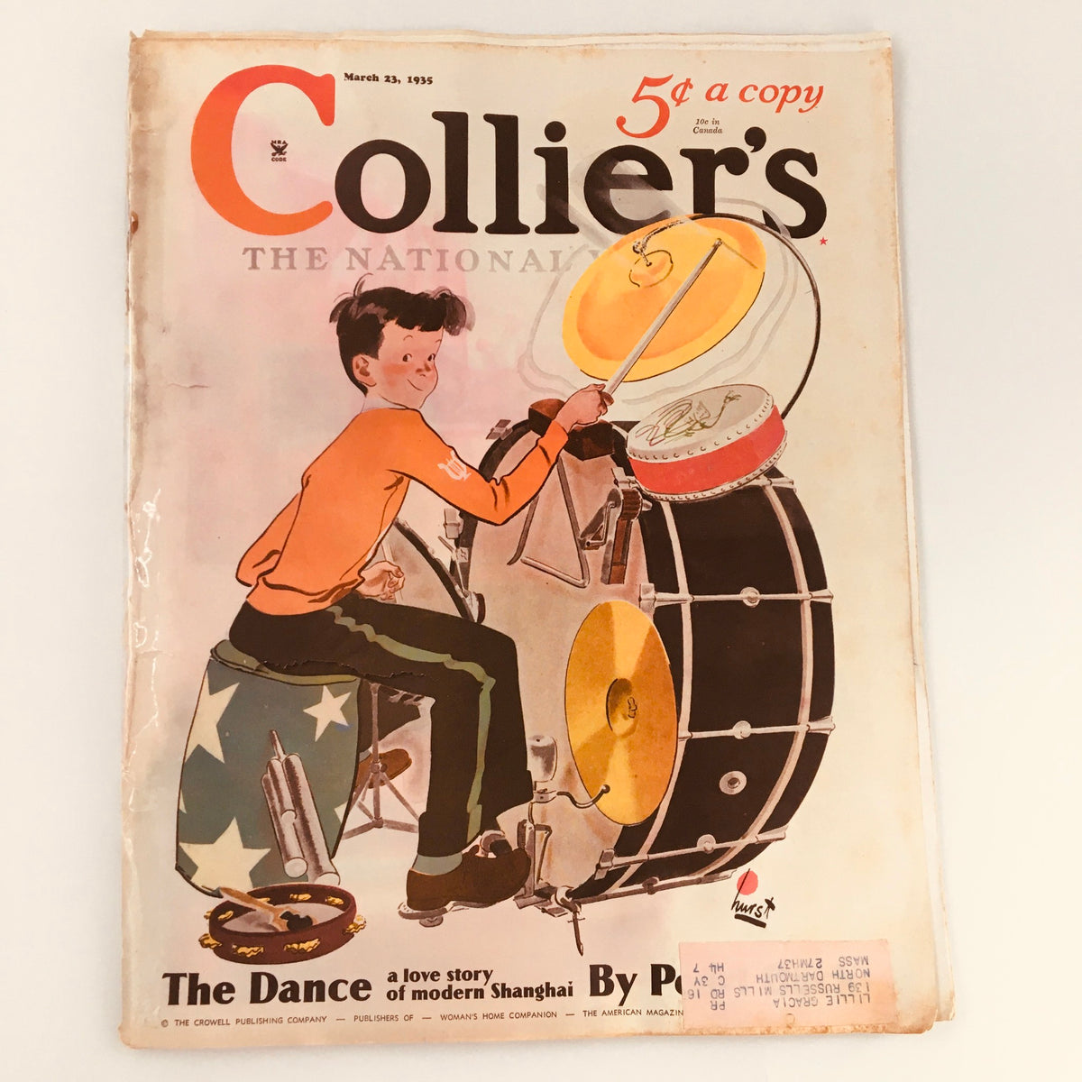 Cover of Collier's Magazine dated March 23, 1935 featuring the title 'The Dance Shanghai Love Story' by Pearl Buck, showcasing a young boy playing the drums with vibrant illustrations.