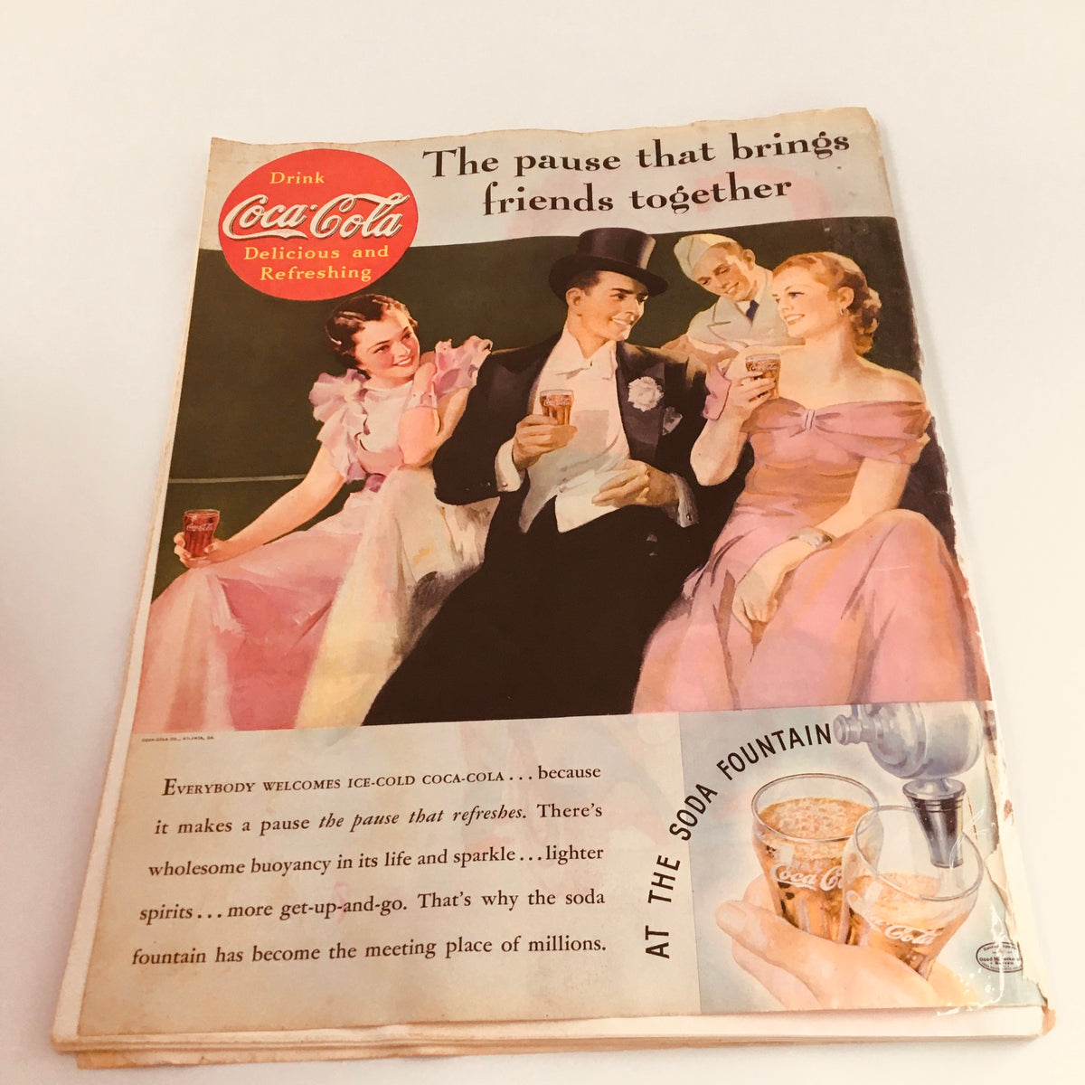 Vintage advertisement from the 1930s, featured in Collier's Magazine, promoting Coca-Cola with a group enjoying drinks together, complements the theme of 'The Dance Shanghai Love Story' by Pearl Buck.