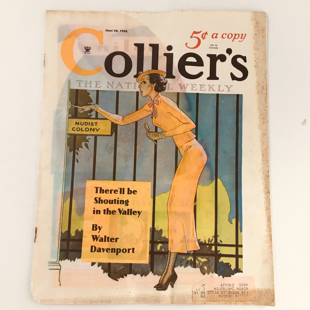 Cover of the vintage Collier's Magazine from June 30, 1934, featuring the story 'Shouting in the Valley' by Walter Davenport, showcasing a woman at the entrance of a nudist colony.