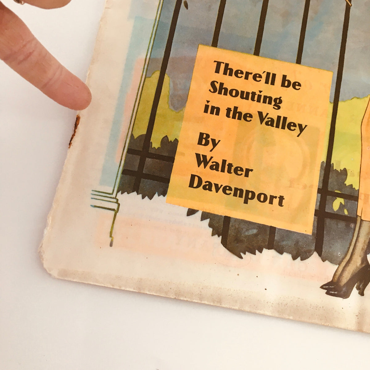 Detailed view of the title 'Shouting in the Valley' by Walter Davenport printed on the cover of Collier's Magazine from June 30, 1934.