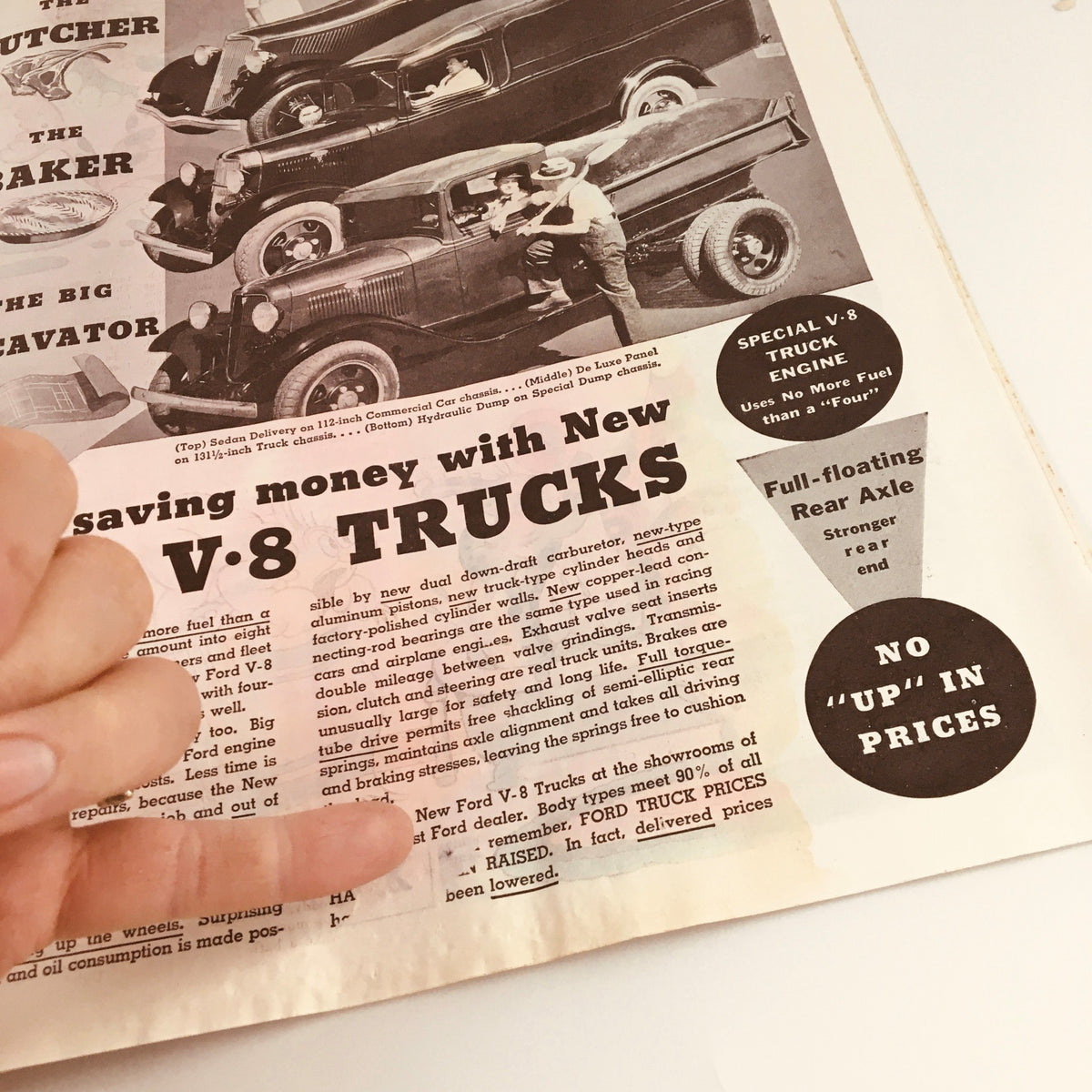 Vintage advertisement page from Collier's Magazine June 30 1934 featuring a promotion for new V-8 trucks, showcasing their features and benefits, part of the story "Shouting in the Valley" by Walter Davenport.