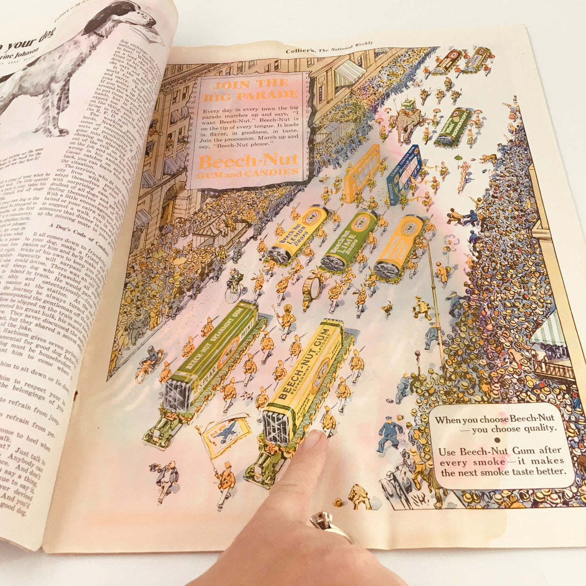Interior page of VTG Collier's Magazine July 14, 1934 displaying an advertisement for Beech-Nut gum and candies amidst a bustling parade scene.