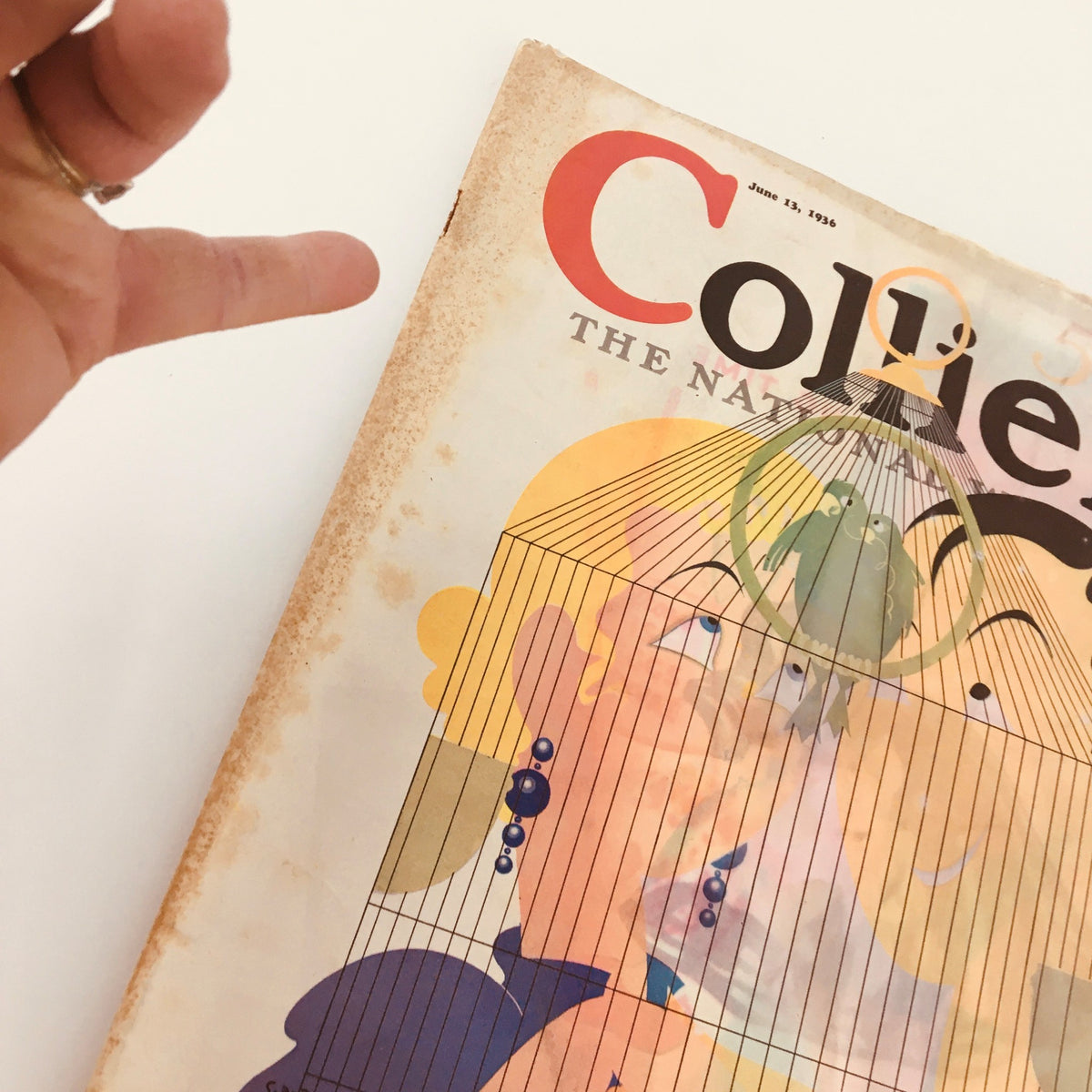 Cover of VTG Collier's Magazine June 13, 1936 with bird cage illustration by George De Zayas, featuring a vintage design and faded colors.