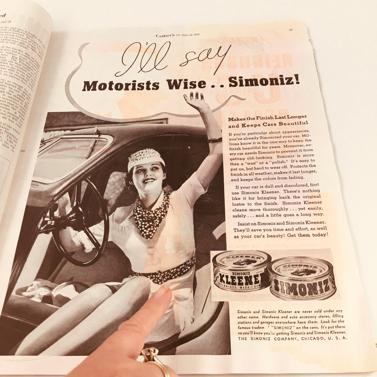 Vintage advertisement in Collier's Magazine June 13, 1936 titled 'I'll say Motorists Wise .. Simoniz!' showcasing a woman promoting Simoniz auto polish with an image of Simoniz Kleener products.