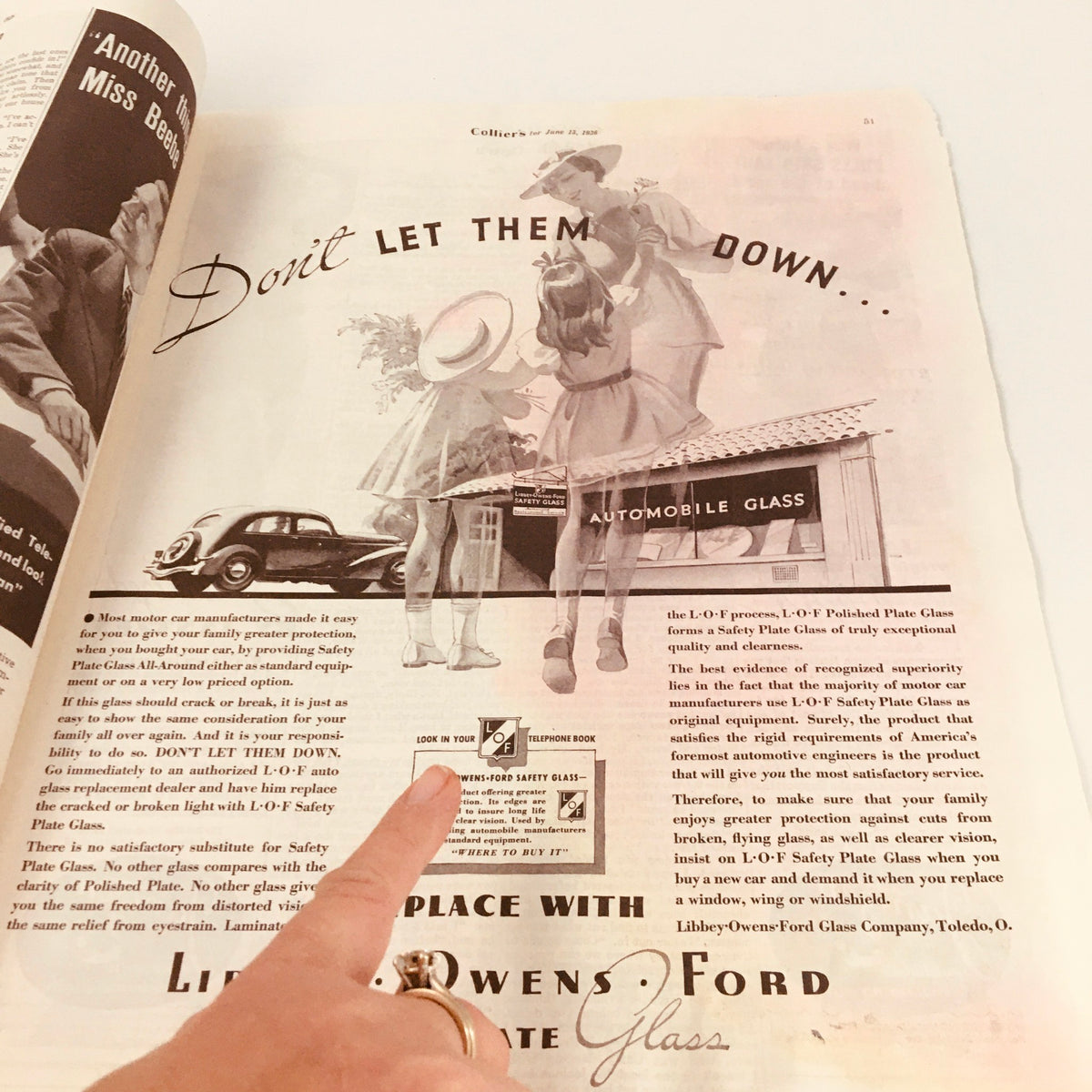 Collier's Magazine June 13, 1936 advertisement titled 'Don't Let Them Down...' promoting automobile glass safety with a family enjoying protection from Libbey-Owens-Ford glass.