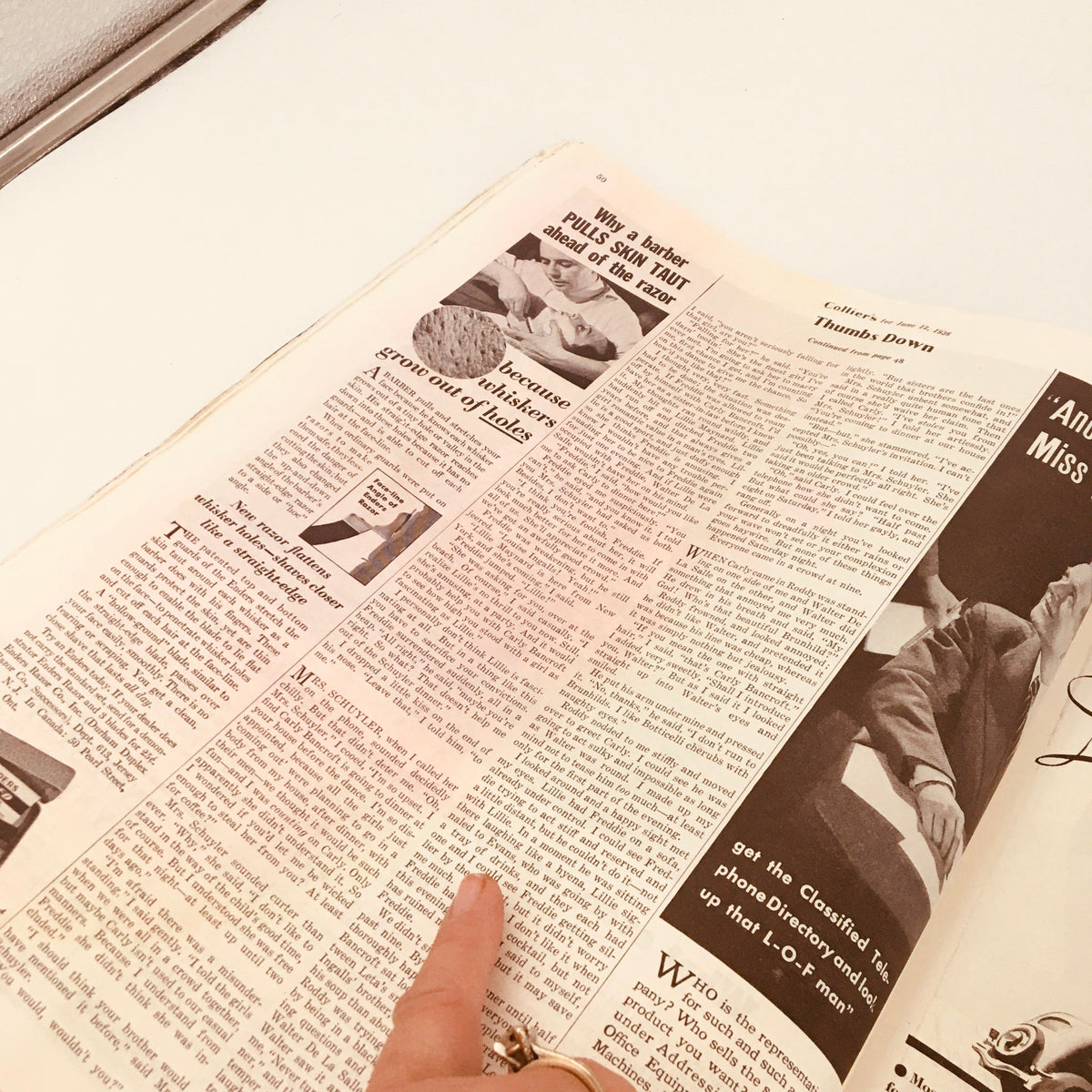 Interior page of Collier's Magazine June 13, 1936 featuring various articles including 'Thumbs Down' discussing barbers and skincare tips.