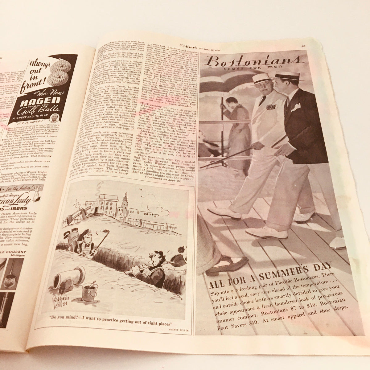 A page from Collier's Magazine June 13, 1936 showcasing Bostonian shoes for men with a summer theme and illustrations of men walking on a deck.