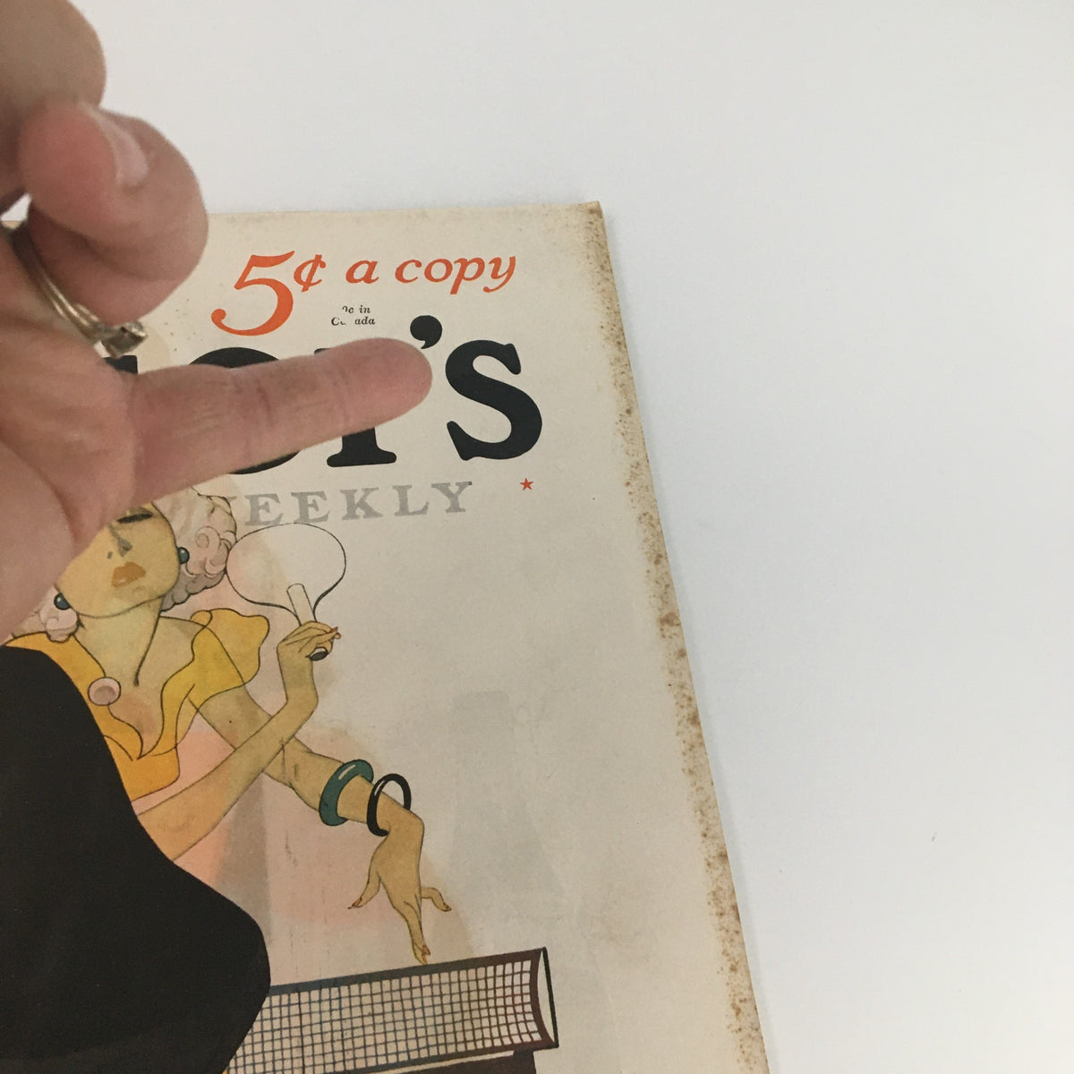 Close-up view of the front cover of VTG Collier's Magazine December 15 1934, highlighting the price and design details along with a hand gesture pointing at the title.