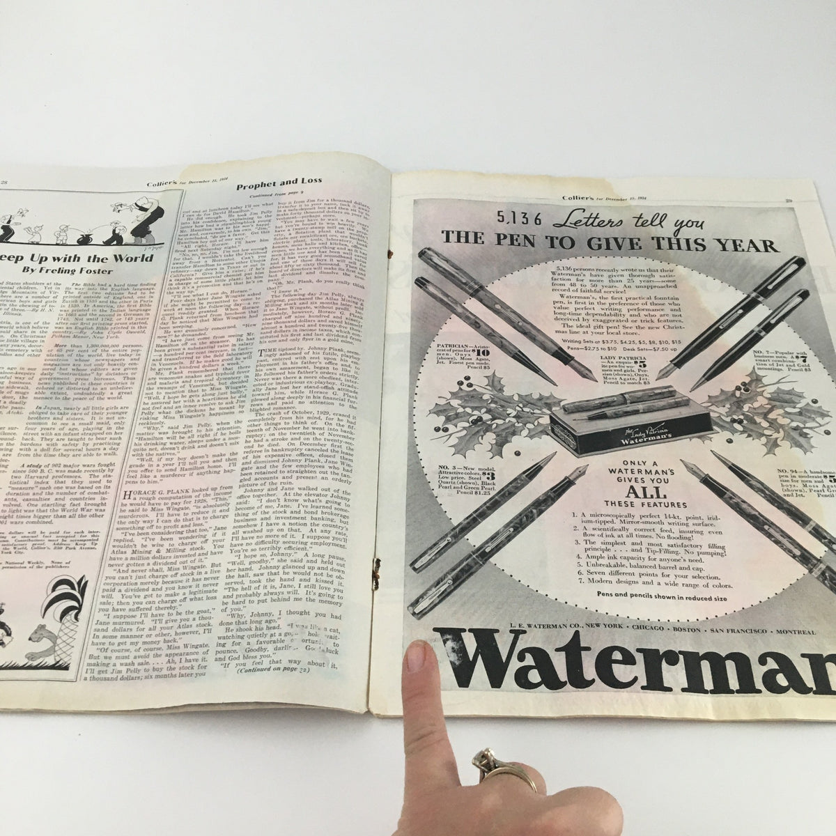 Inside view of the VTG Collier's Magazine December 15, 1934, displaying pages with articles and an advertisement for Waterman pens, emphasizing the vintage publishing style.