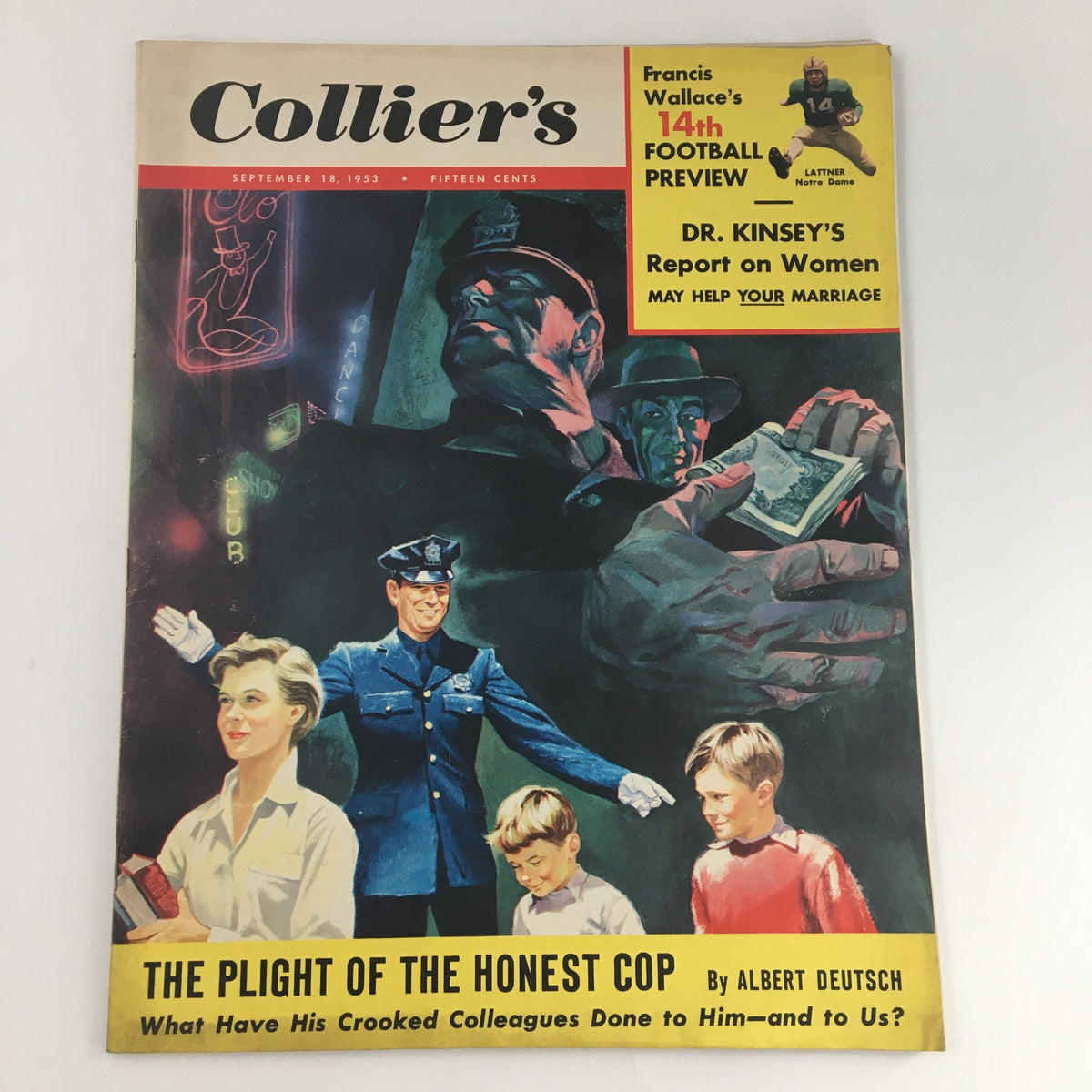 Cover of VTG Collier's Magazine from September 18, 1953, featuring the article 'The Plight of the Honest Cop' along with illustrations and highlights about football and marriage advice.