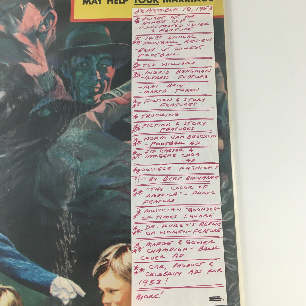 Detailed view of VTG Collier's Magazine cover, September 18, 1953, featuring 'The Plight of the Honest Cop' and various editorial notes including articles on football, marriage, and fashion.