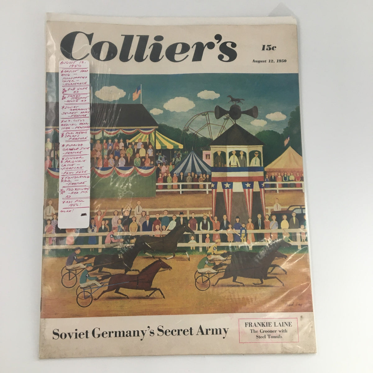 VTG Collier's Magazine August 12, 1950 featuring Soviet Germany's Secret Army on the cover. The vibrant illustration depicts a lively outdoor scene with people watching horse races, an amusement park in the background, and a festive atmosphere.