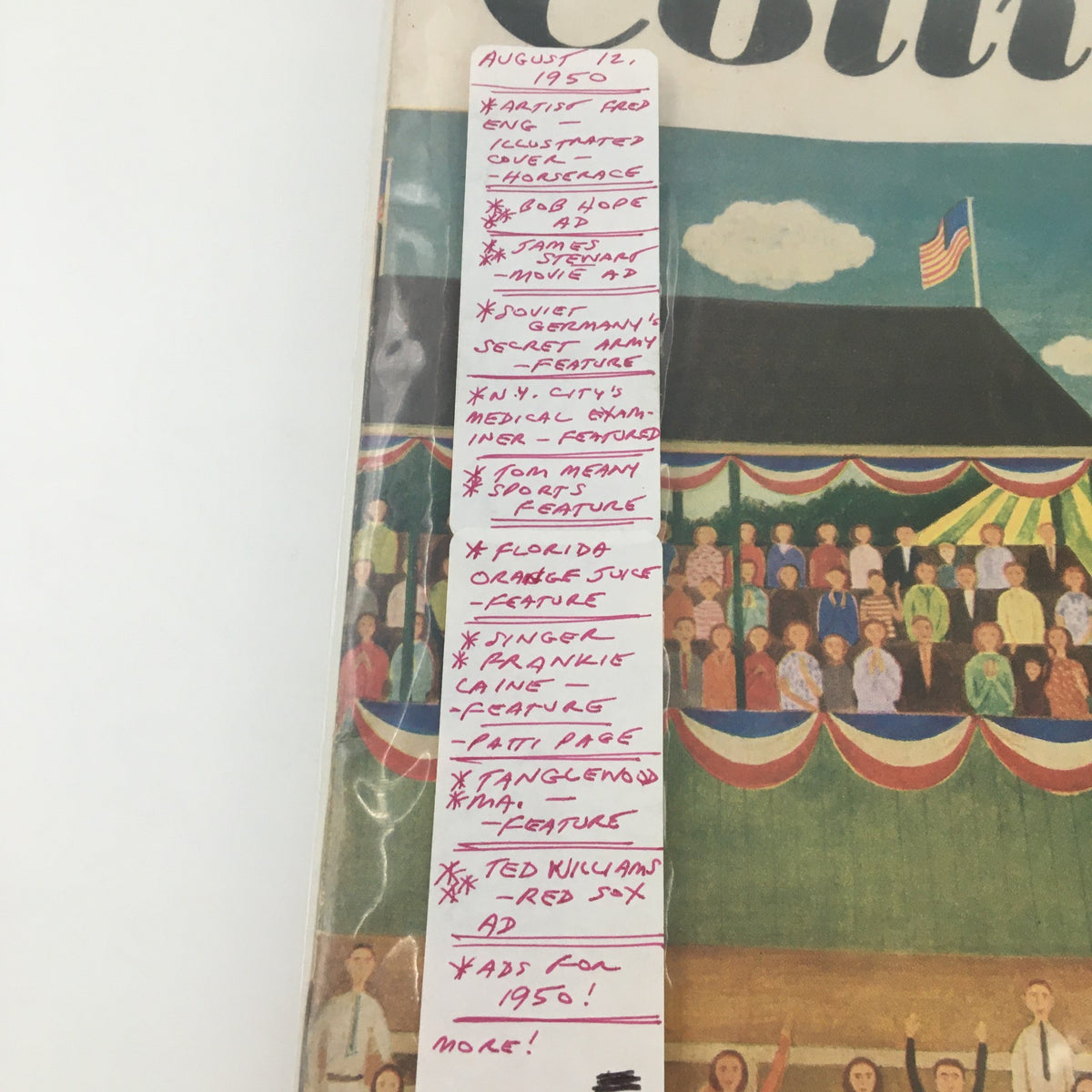 Side view of VTG Collier's Magazine August 12, 1950, showcasing a detailed list of featured articles including Soviet Germany's Secret Army. The magazine cover includes colorful visuals with a crowd and festive decorations.