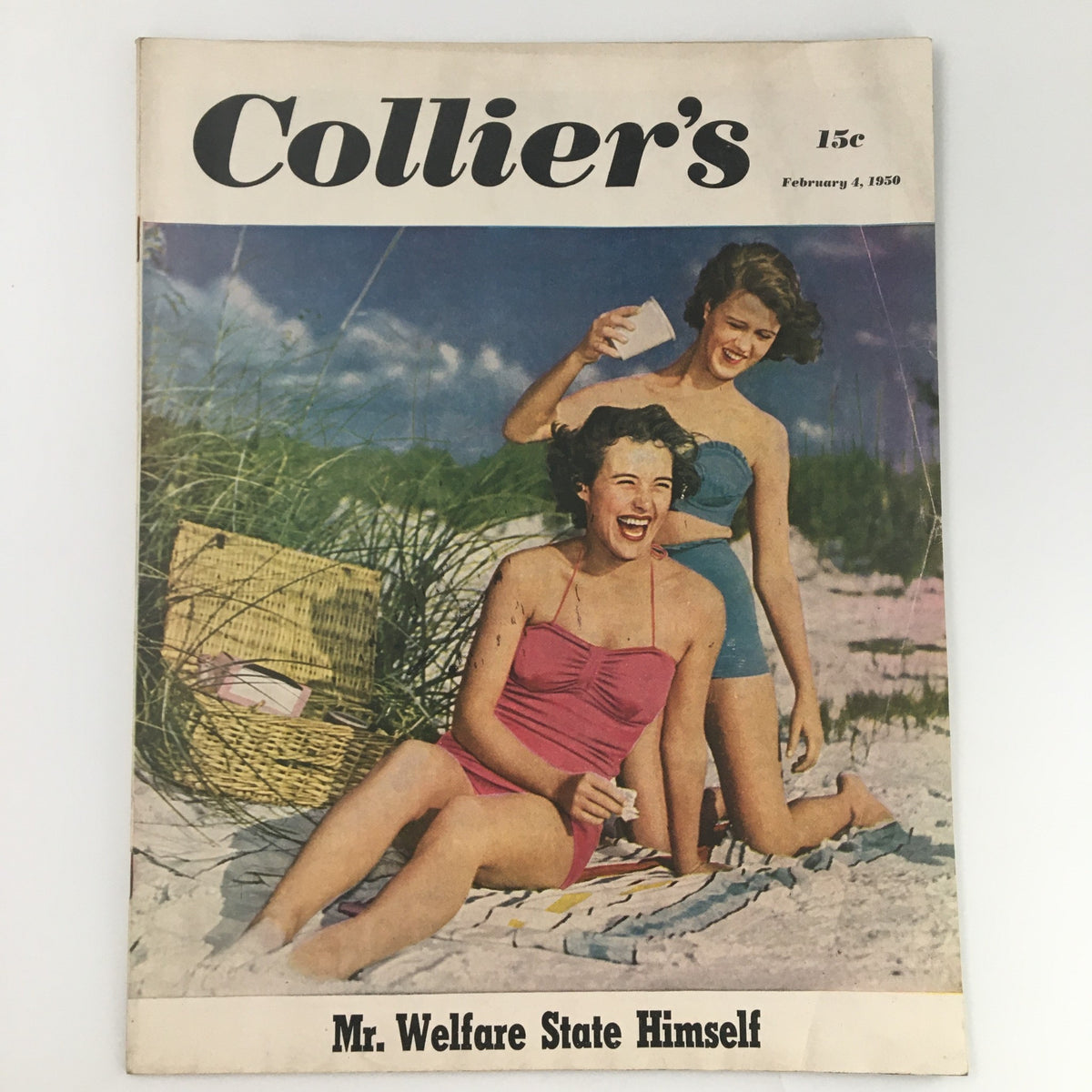 Vintage Collier's Magazine cover from February 4, 1950, featuring the headline "Mr. Welfare State Himself" with two women enjoying a beach scene in swimsuits.