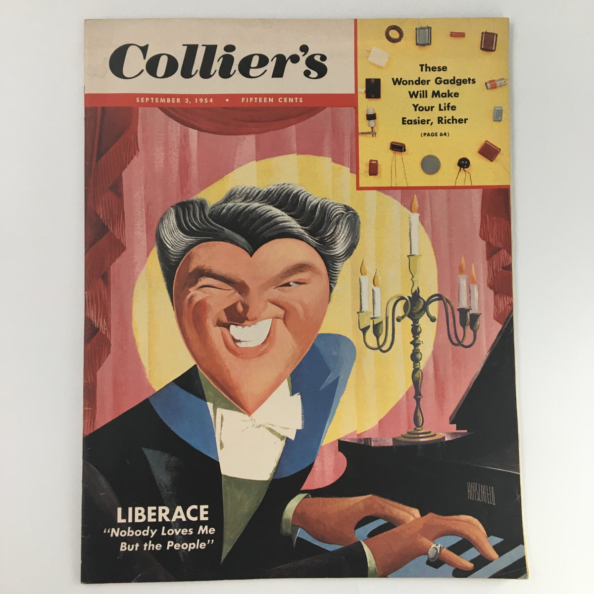 Vintage Collier's Magazine cover from September 3, 1954 featuring an illustration of Liberace with the tagline 'Nobody Loves Me But the People', capturing mid-century American pop culture.