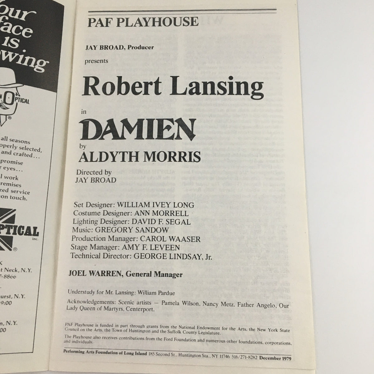 Interior page of the 1979 Playbill PAF Playhouse for Damien, presenting the cast, crew details, and production information including Robert Lansing as the lead. A significant collectible for theater enthusiasts.