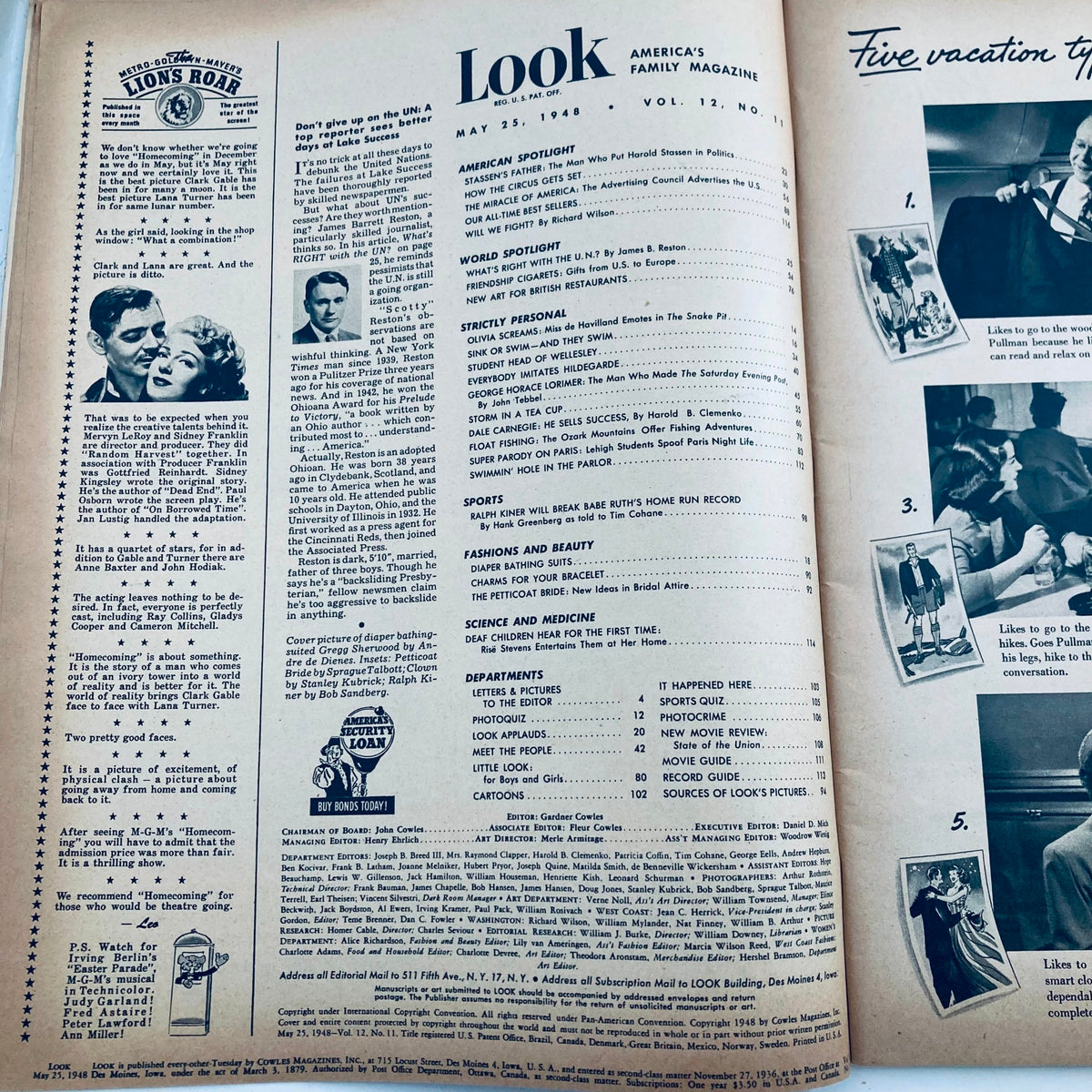 Inside page of Vintage Look Magazine May 25, 1948 Vol 12 No. 11 featuring articles and advertisements from the era, including highlights on Ralph Kiner and sports history.