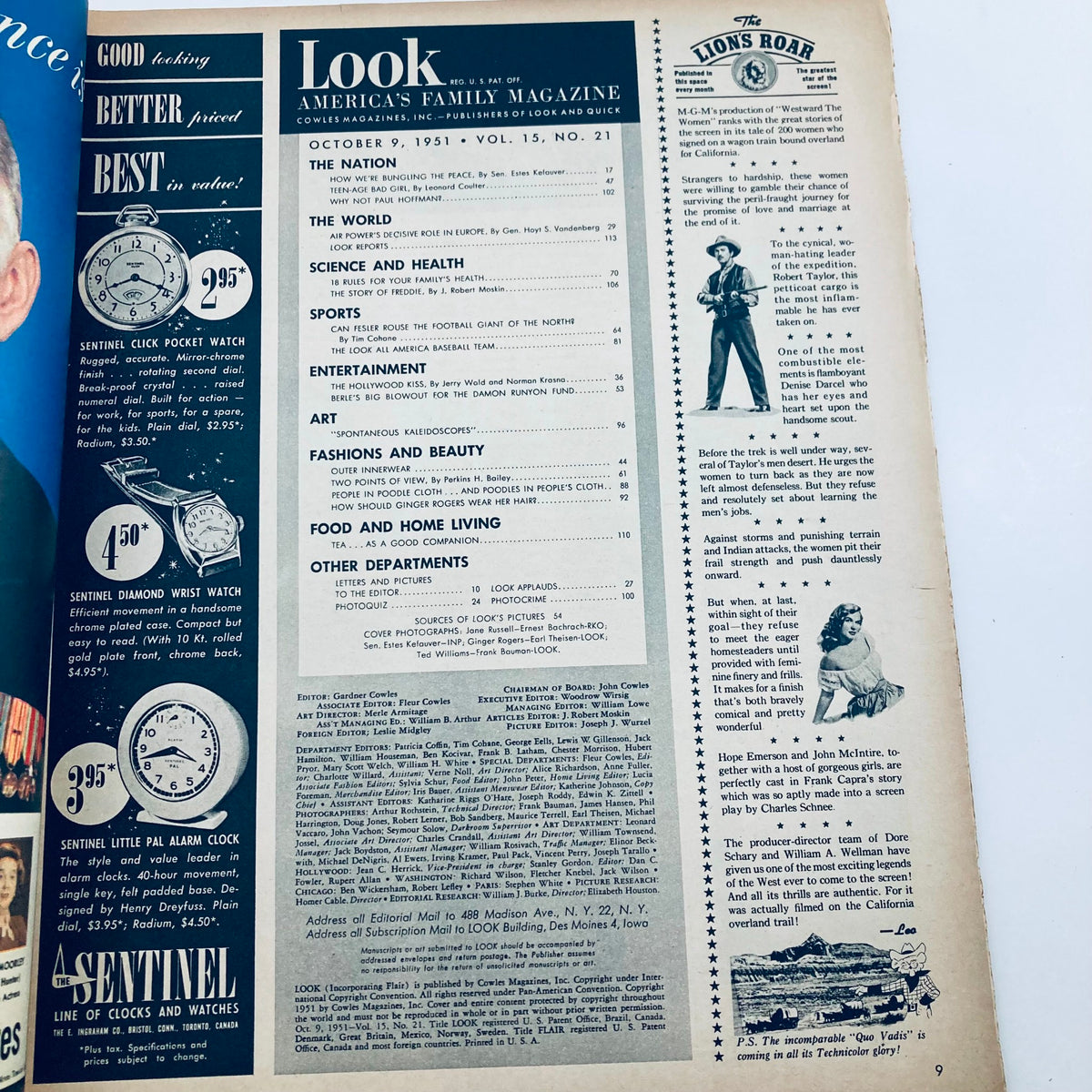 Interior page of VTG Look Magazine October 9 1951, displaying the table of contents and advertisements from the era.