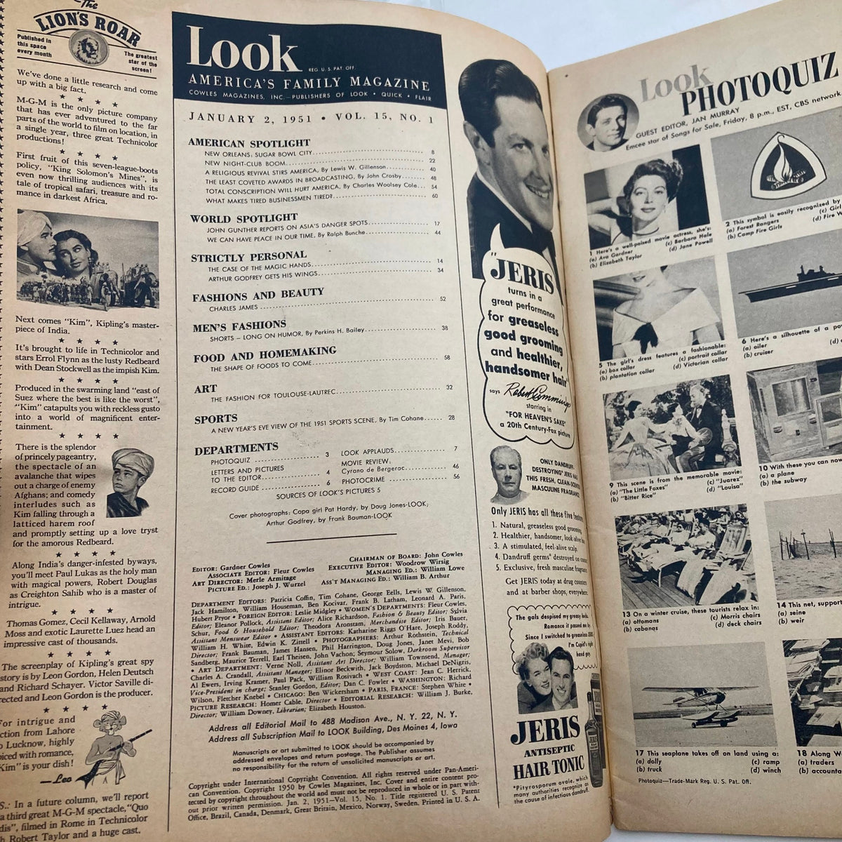 Interior view of VTG Look Magazine January 2 1951 Vol 15 No. 1 showcasing the table of contents and advertisements, featuring Arthur Godfrey and cultural highlights from the 1950s.