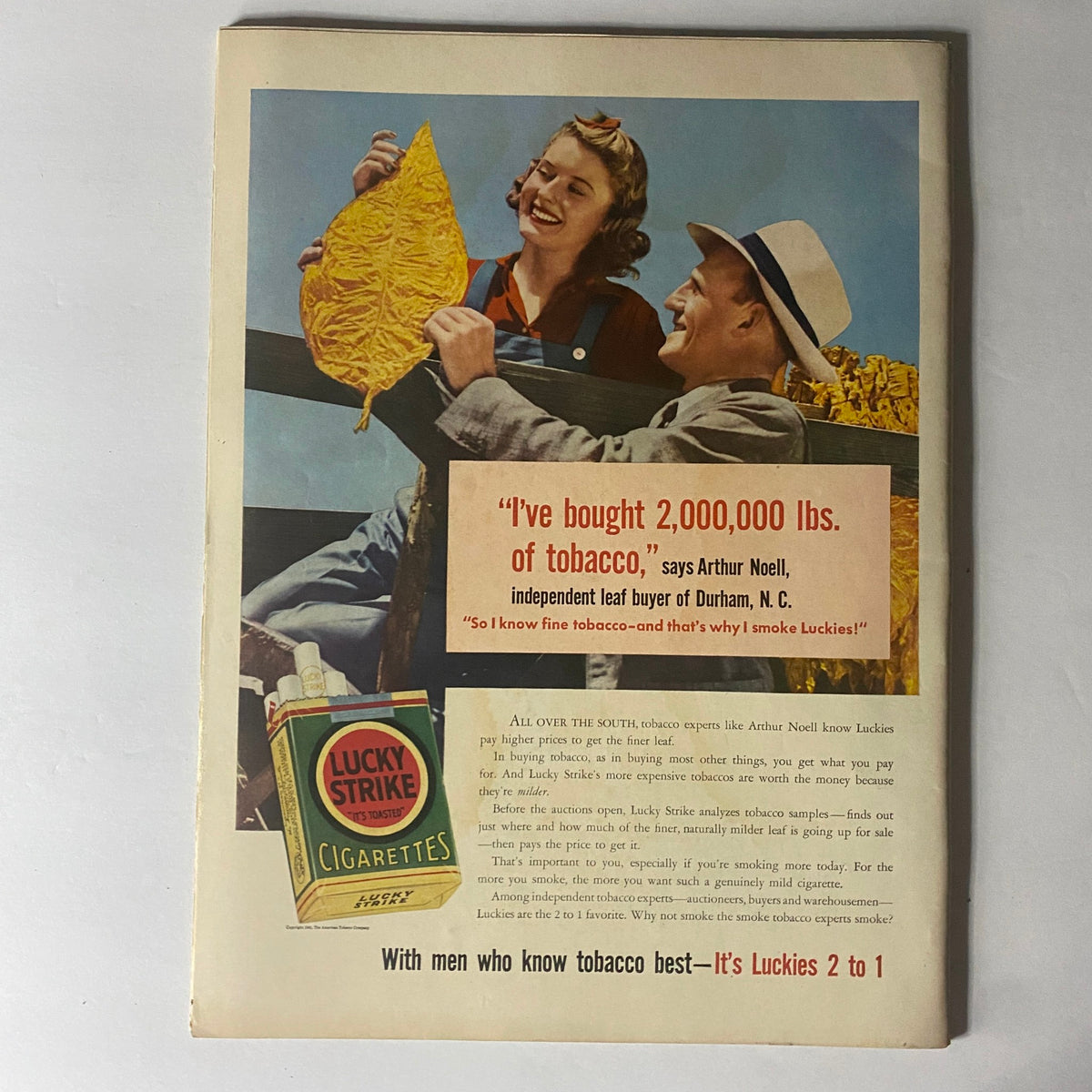 Back cover of Life Magazine from February 3, 1941 featuring an advertisement for Lucky Strike cigarettes with a man and a woman discussing tobacco.