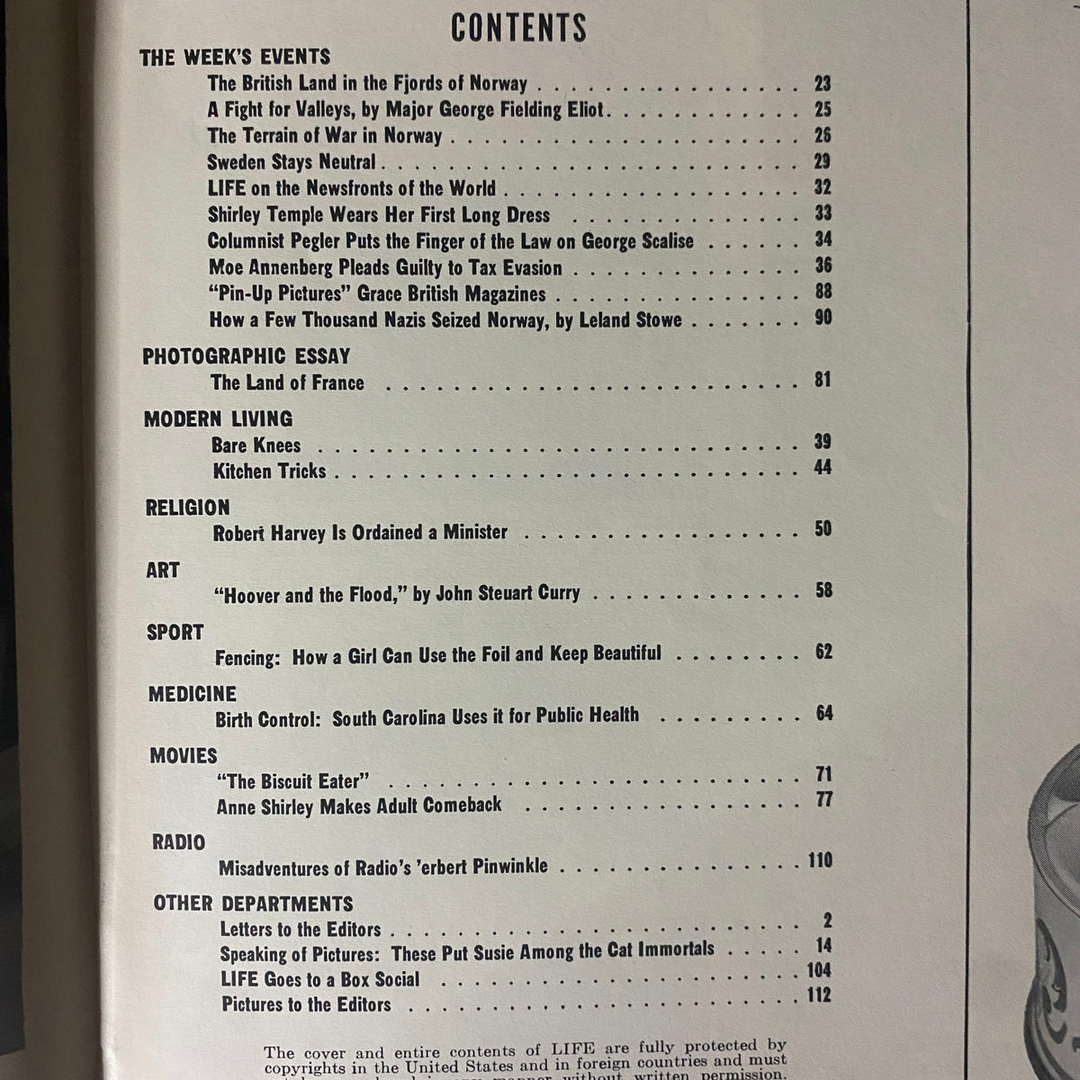 Contents page of Life Magazine May 6, 1940 detailing various articles including wartime events and modern living features.