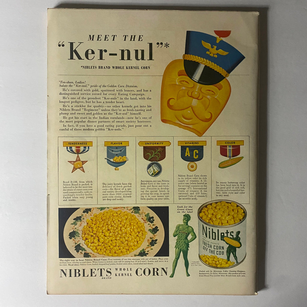Back cover advertisement of Life Magazine December 8, 1941 for Niblets brand whole kernel corn, featuring a character illustration and product details.