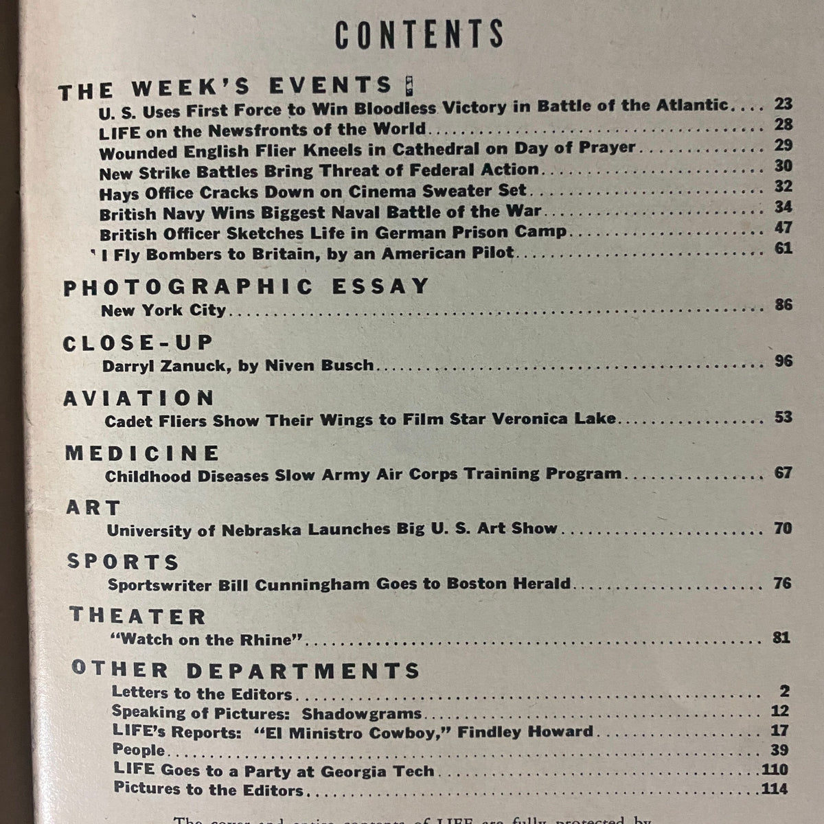 Contents page featuring articles from Life Magazine April 14, 1941, highlighting World War II events, a photographic essay on New York City, and various departments including arts and theater.