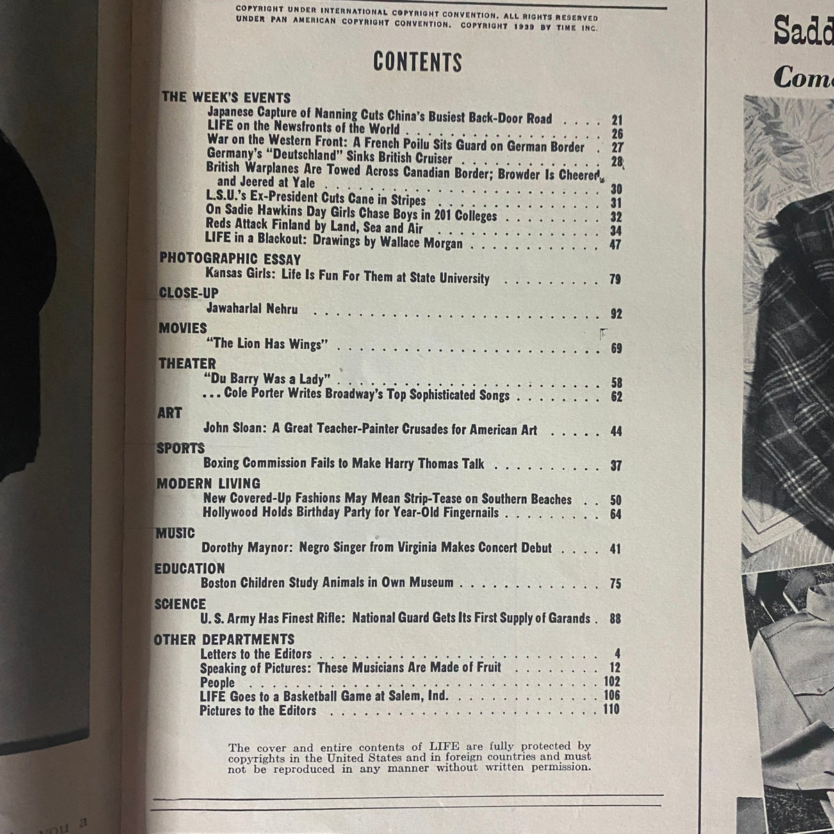 Contents page of Life Magazine December 11, 1939 detailing articles including Japanese capture of Nanning and War on the Western Front.
