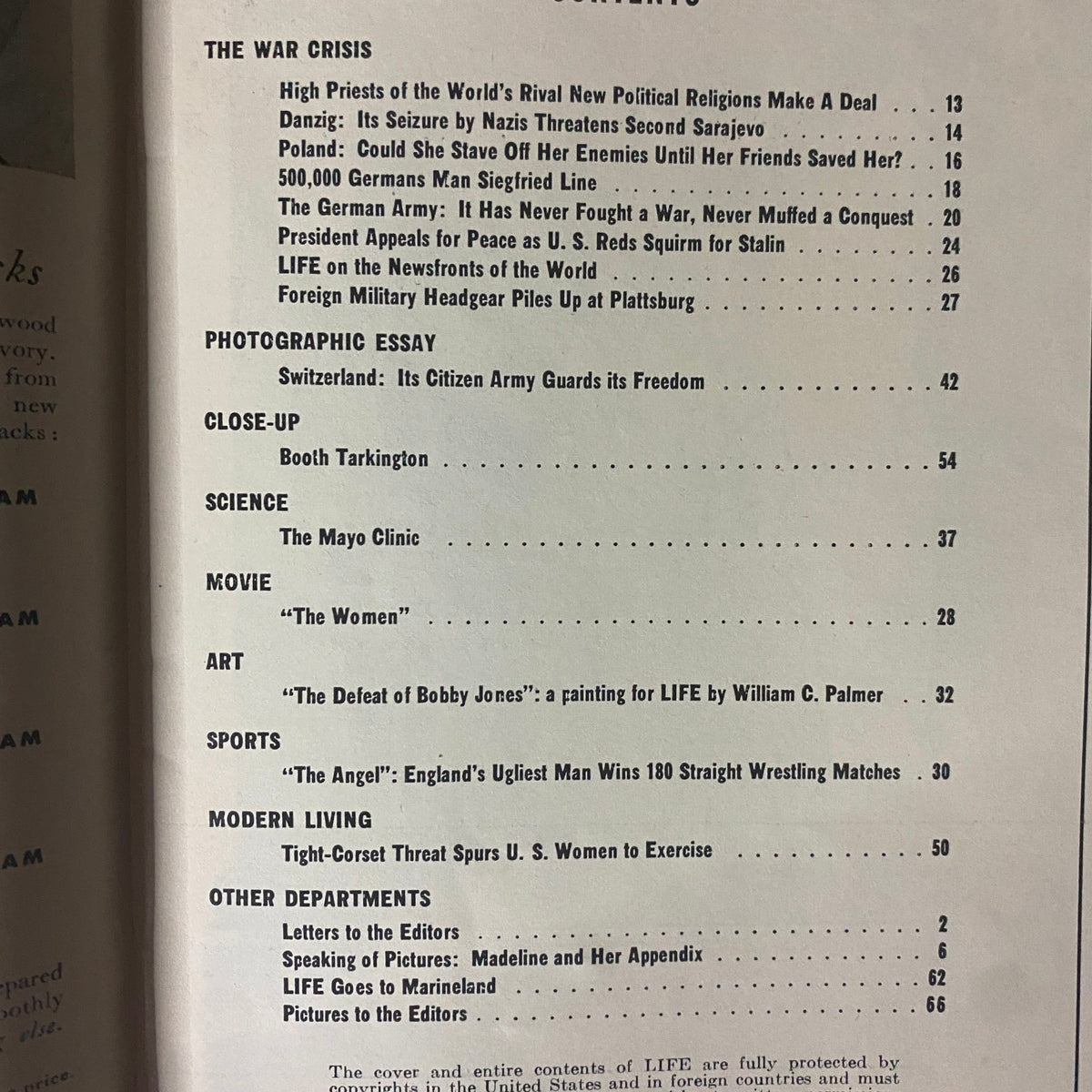 Contents page from Life Magazine, September 4, 1939, featuring articles on The War Crisis and a photographic essay on Switzerland's Citizen Army protecting freedom.