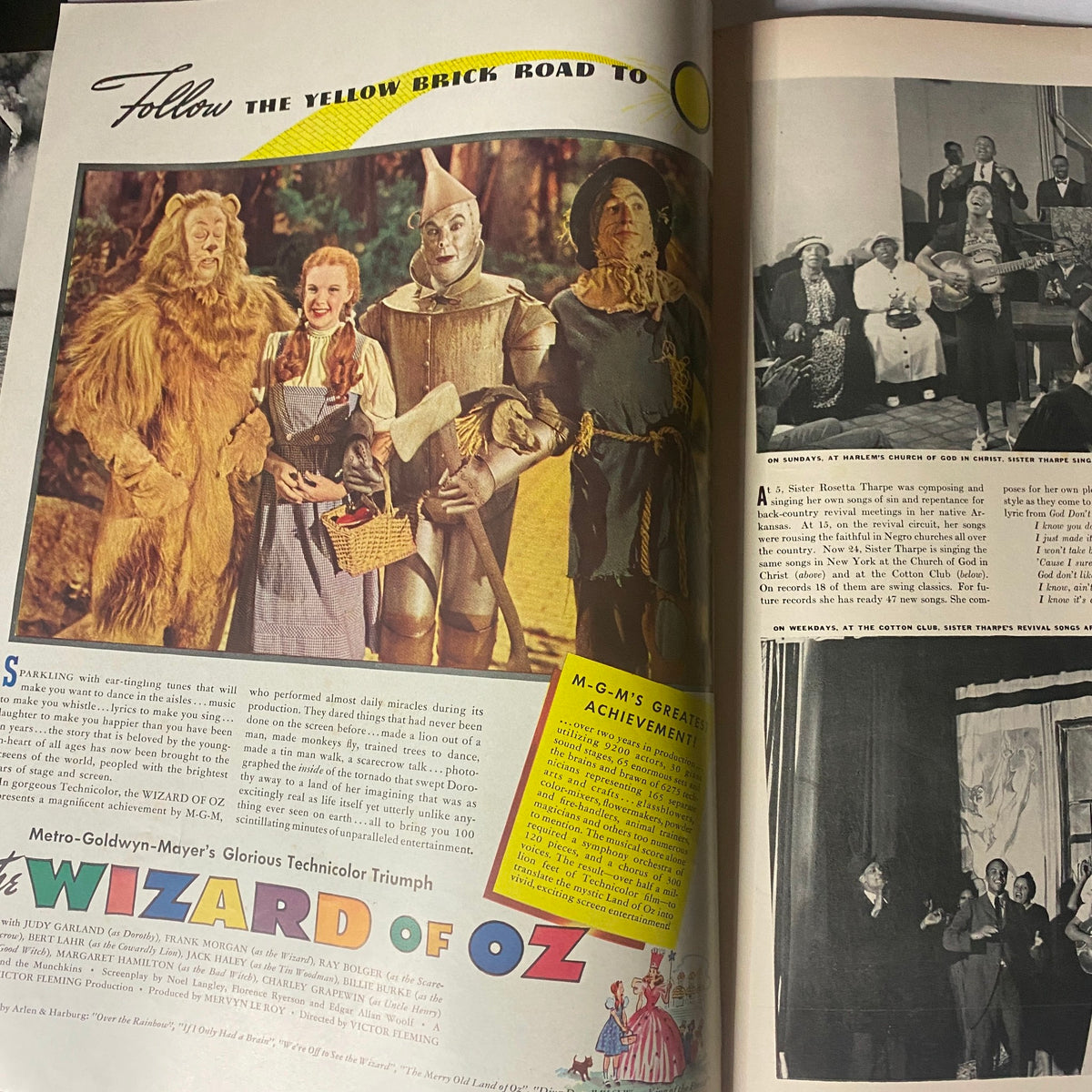 Inside spread from Life Magazine August 28, 1939, highlighting The Wizard of Oz, including characters like the Lion and Tin Man, alongside an article about Sister Rosetta Tharpe.